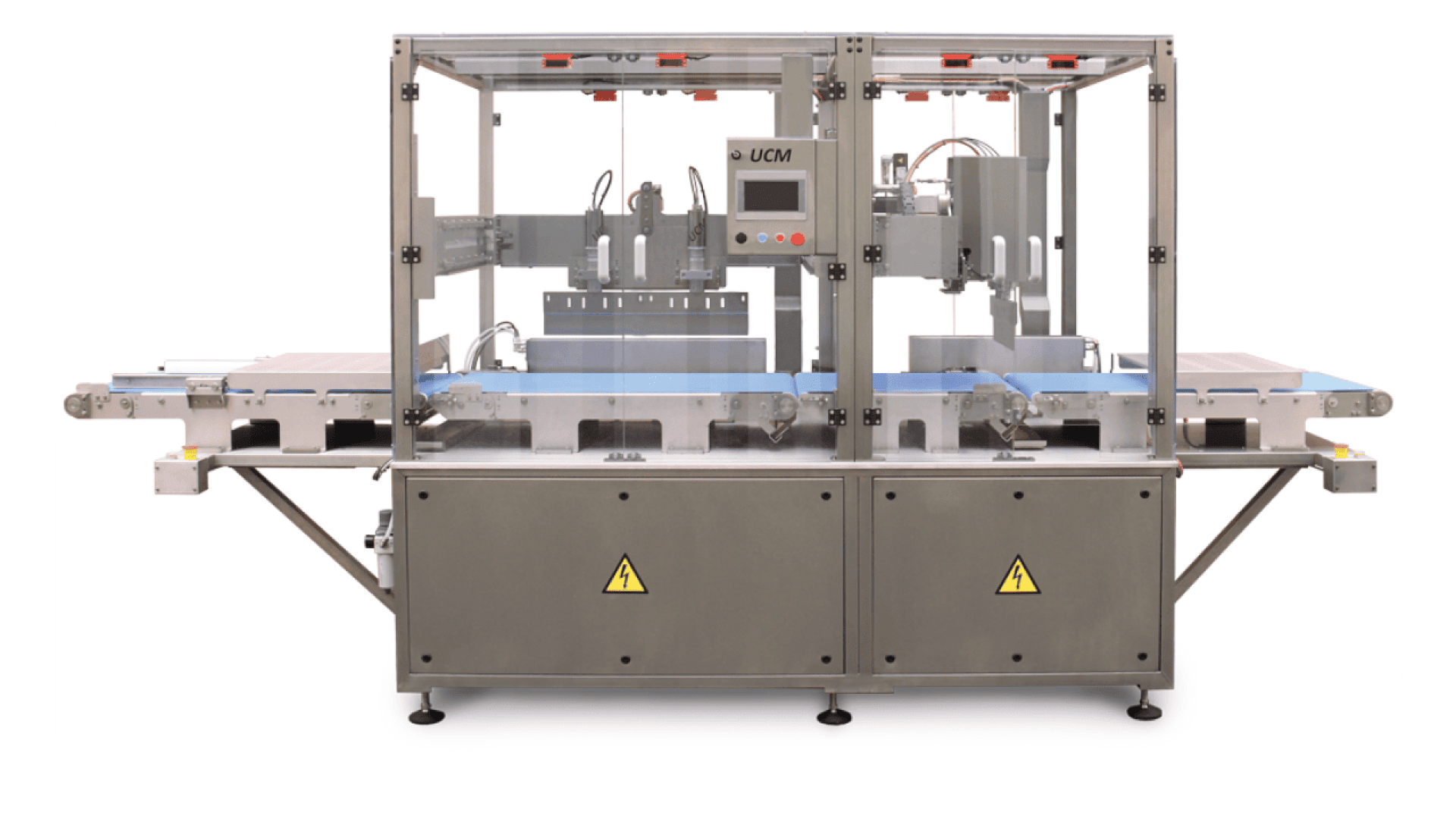 Eine industrielle Lebensmittelverarbeitungsmaschine aus Edelstahl mit beidseitigen Förderbändern, Bedientasten, einer Digitalanzeige und transparenten Sicherheitstafeln. Warnsymbole sind auf der Frontplatte sichtbar.