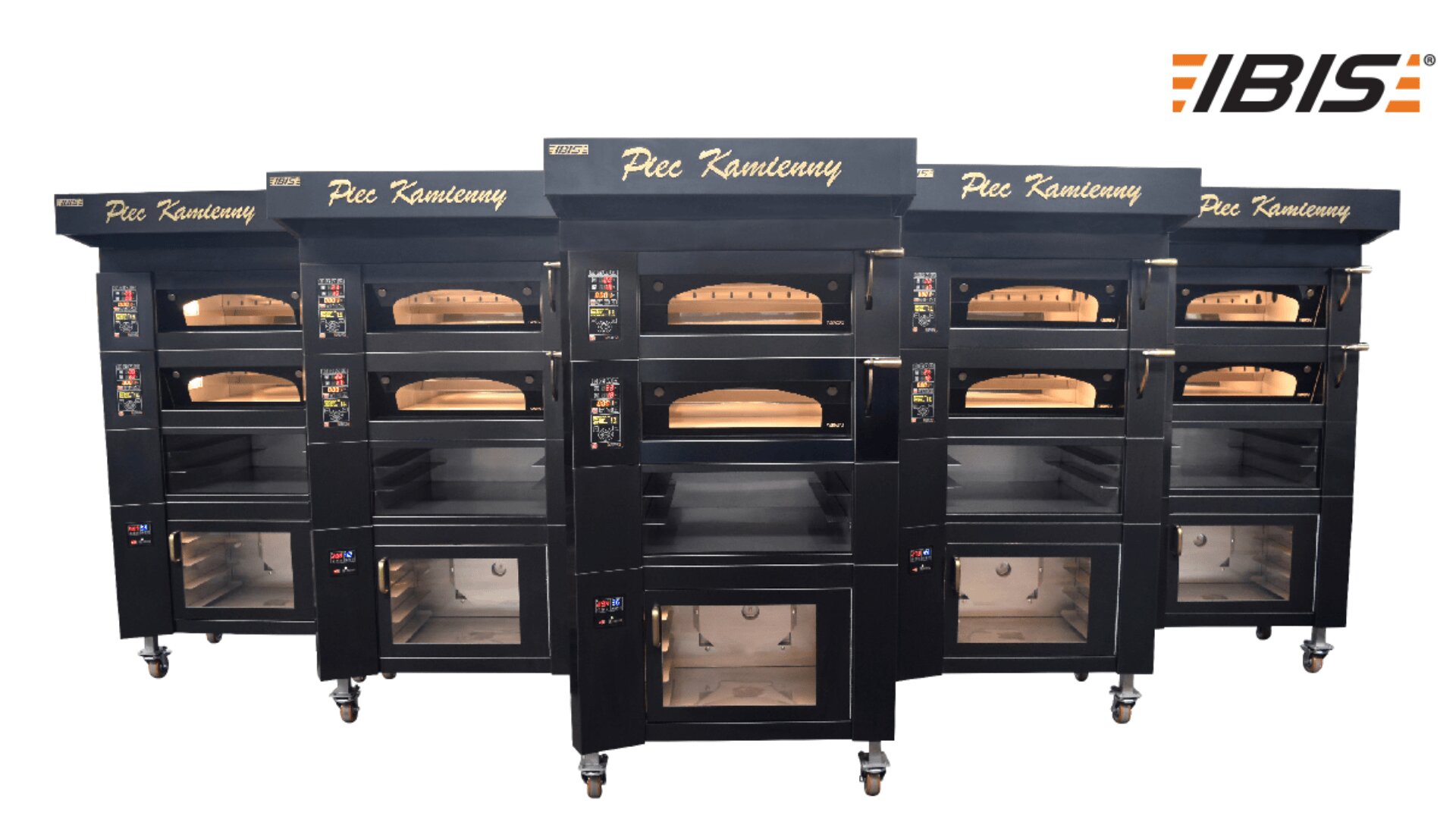 Five large, black commercial pizza ovens with digital controls and glass doors are lined up. The ovens are labeled Piec Kamienny and display the IBIS logo in the top right corner.