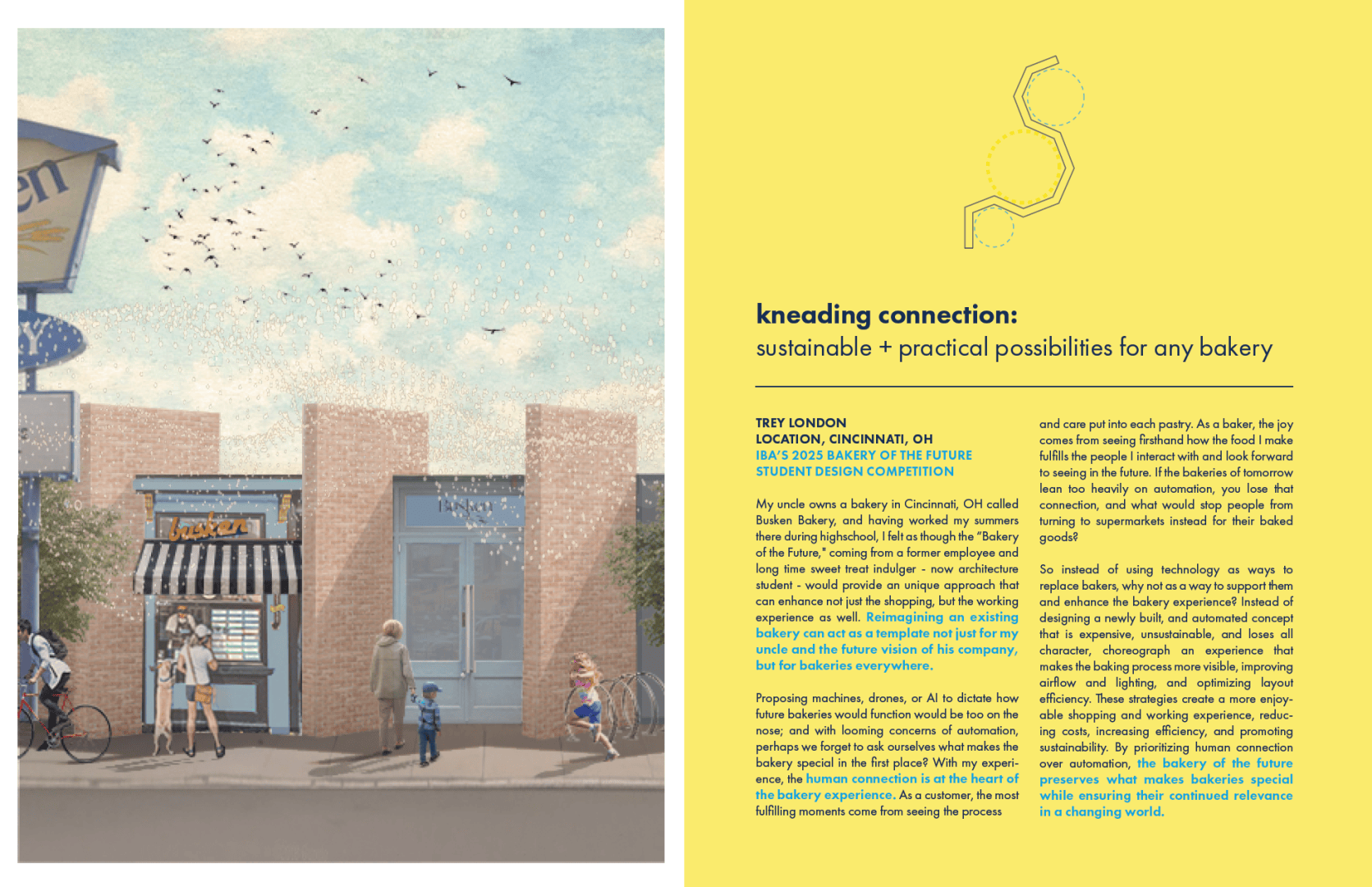 An illustration of a bakery with a striped awning and bicycles parked outside, people walking nearby under a blue sky with birds. Next to it is a yellow text block about a sustainable, practical bakery design called kneading connection.