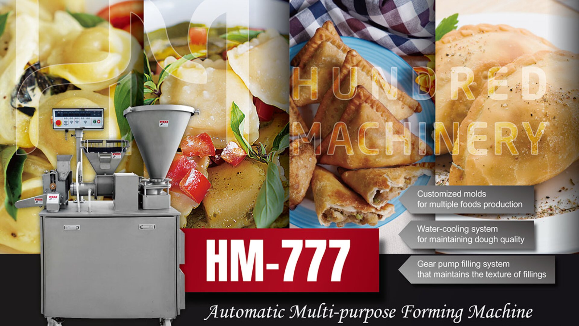 Industrielle Lebensmittelformmaschine (HM-777) mit Bildern von Ravioli, Knödeln und Gebäck im Hintergrund; der Text hebt Merkmale wie kundenspezifische Formen und Teigqualitätskontrolle hervor.