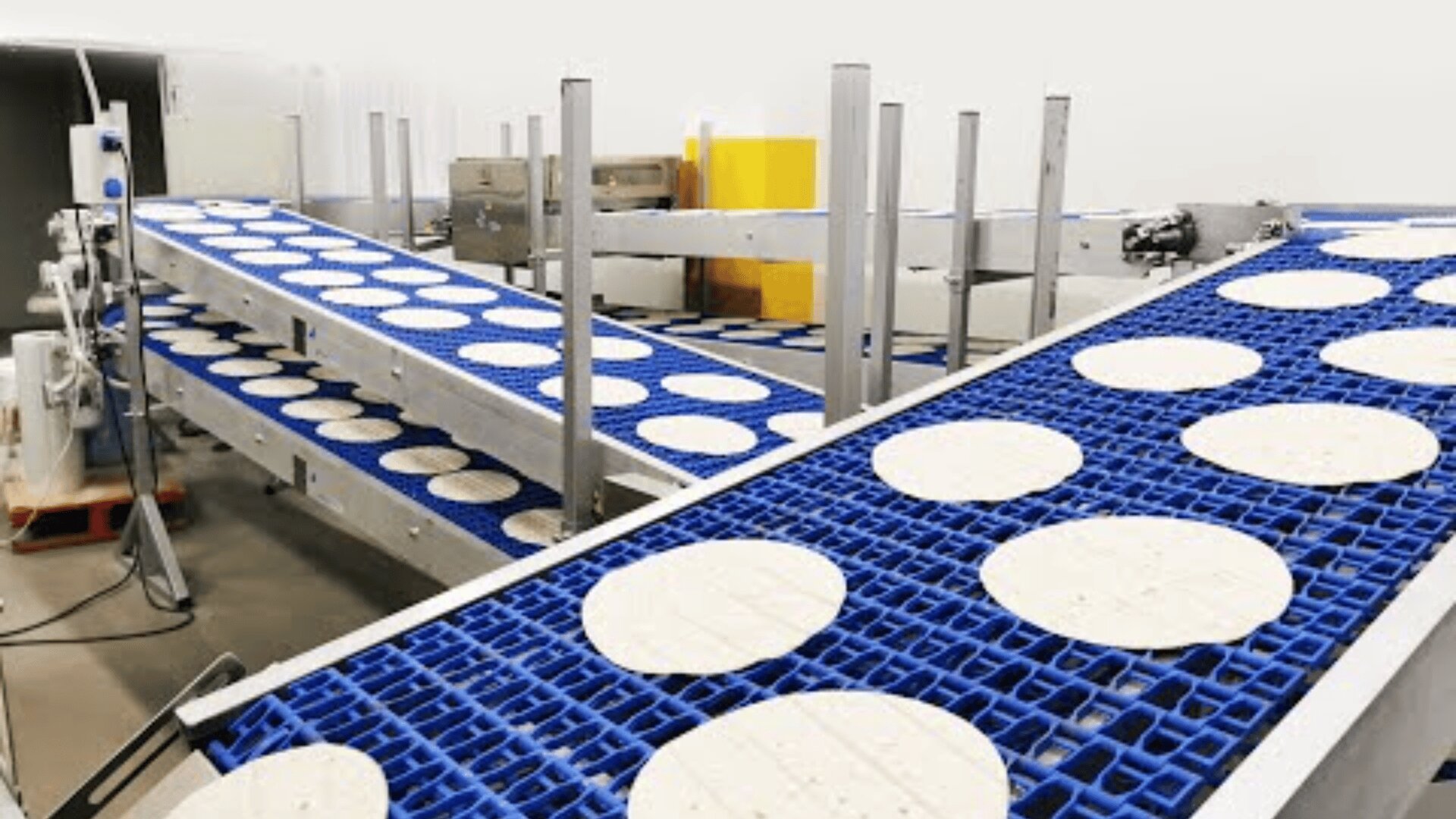 Blue conveyor belts transport rows of white tortilla discs through a food processing facility, with metal equipment and a clean, industrial environment visible in the background.
