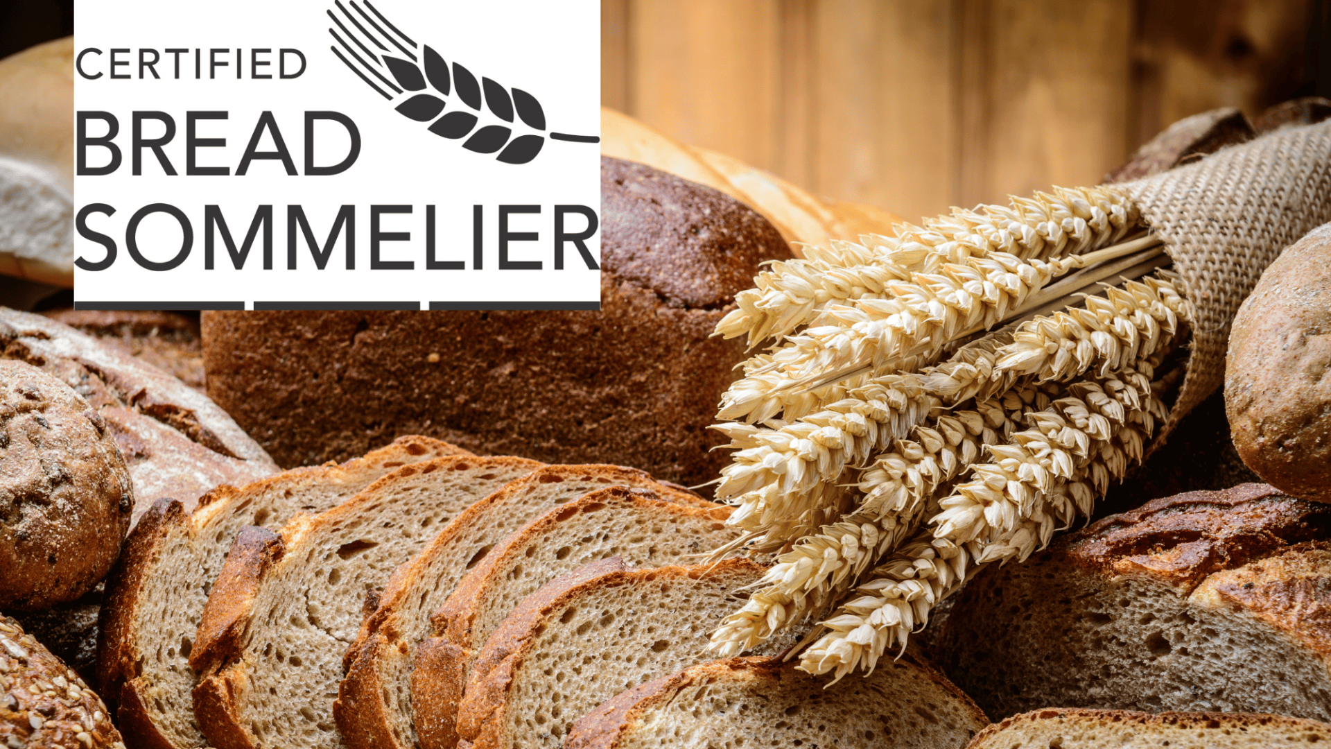 Eine Vielzahl handwerklich hergestellter Brotsorten wird mit Weizenstängeln dargestellt. In der oberen linken Ecke befindet sich ein Logo mit der Aufschrift "Certified Bread Sommelier" und einer Weizengrafik.