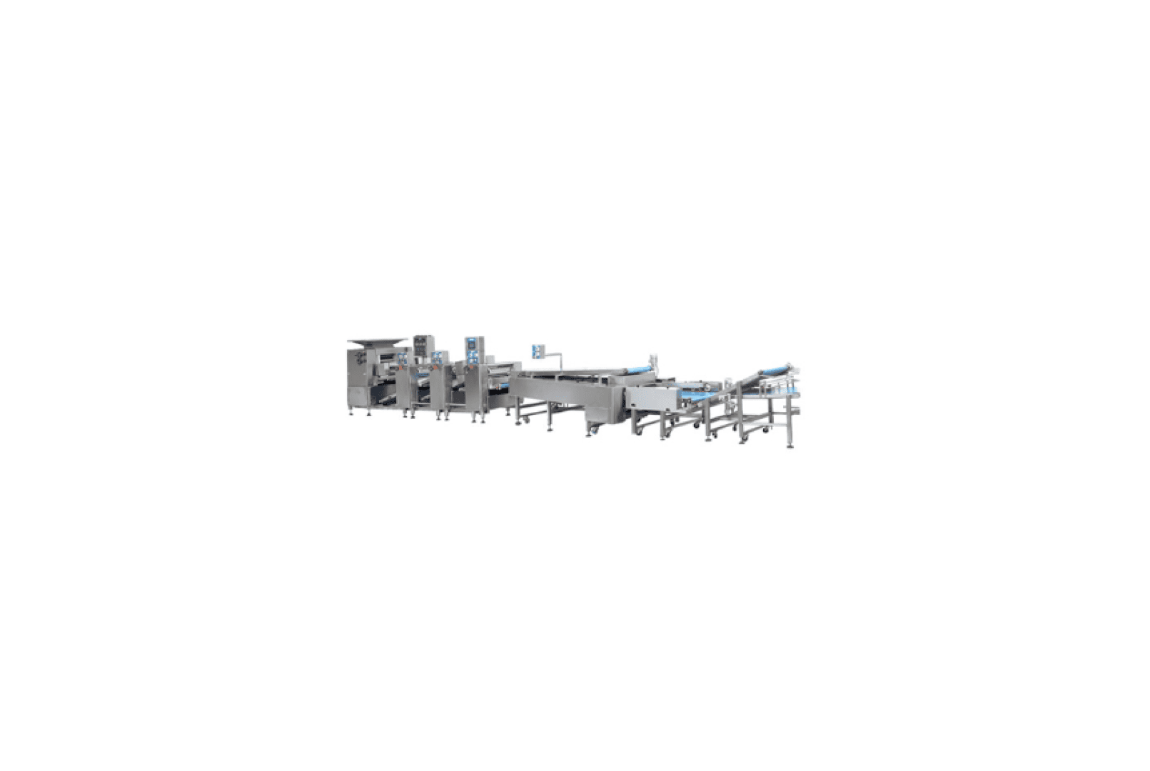 Industrial food processing machine with conveyor belts and metal components, designed for automatic sorting or packaging. The system consists of several linearly connected sections.