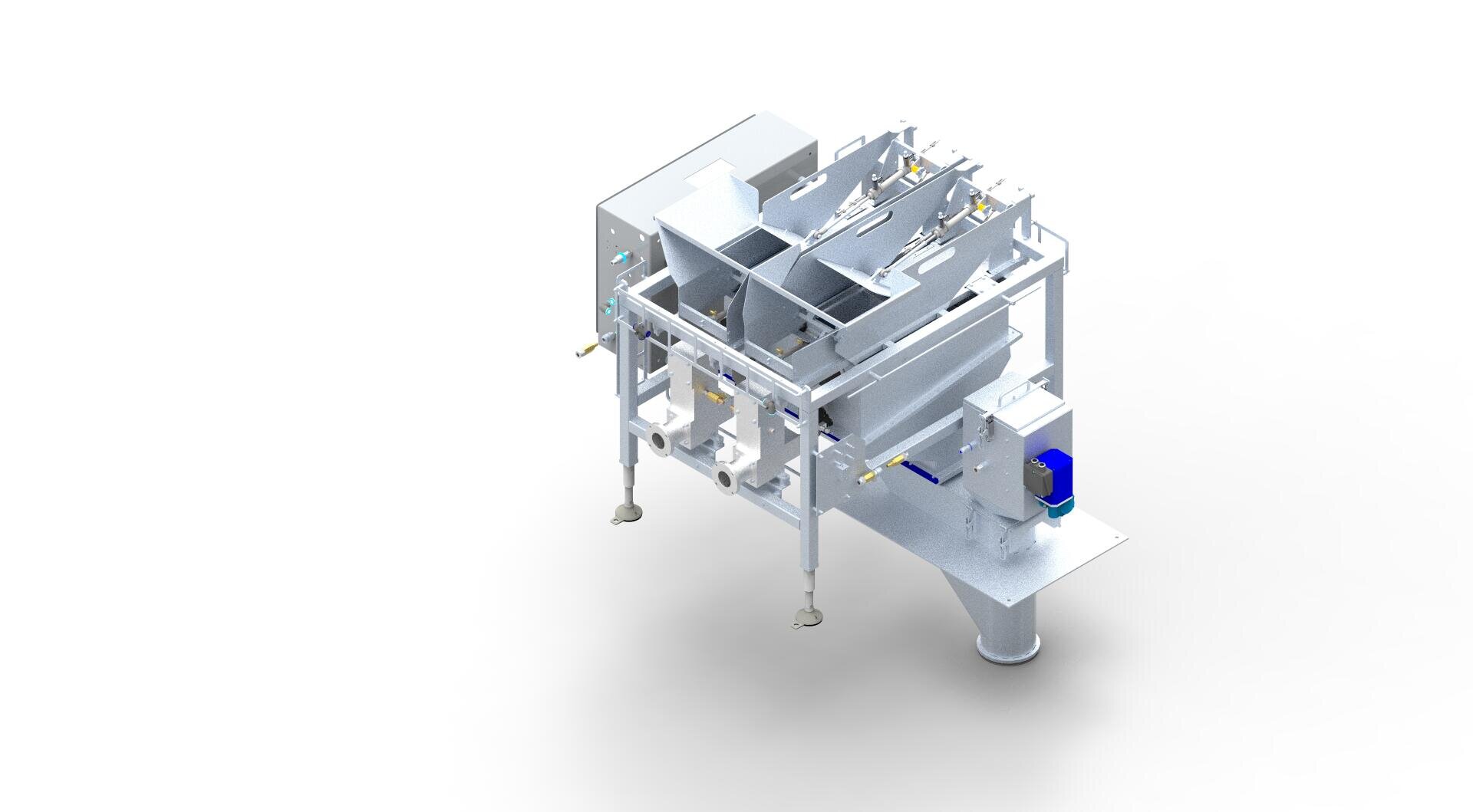 A metallic industrial machine with multiple chutes, pipes, and compartments stands on support legs, designed for processing or sorting materials in a clean, white environment.