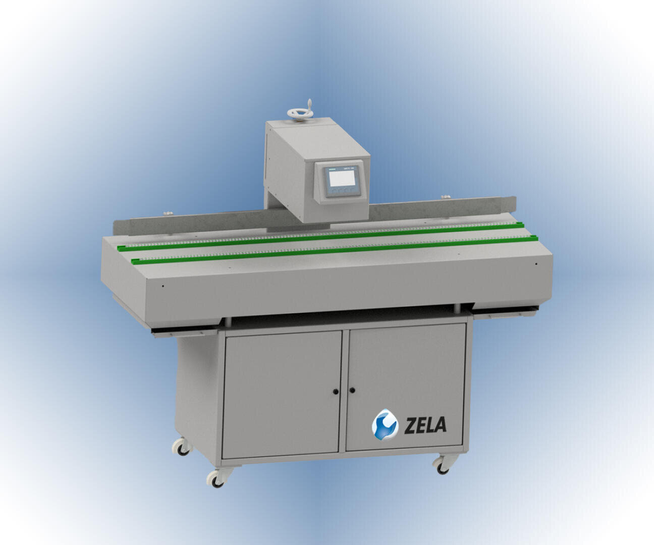 A gray industrial packaging machine with a digital display, conveyor belt, and storage cabinets below. The machine has the logo ZELA on its front panel and is set against a blue gradient background.