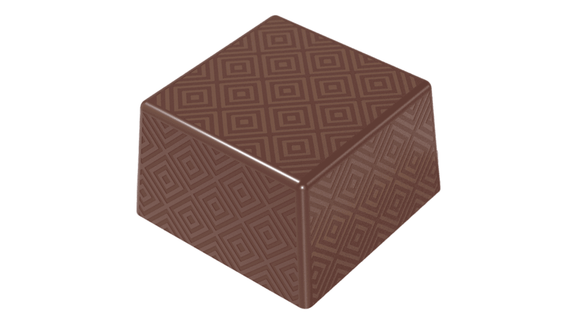 A square piece of milk chocolate with a geometric diamond pattern on its surface, isolated on a white background.