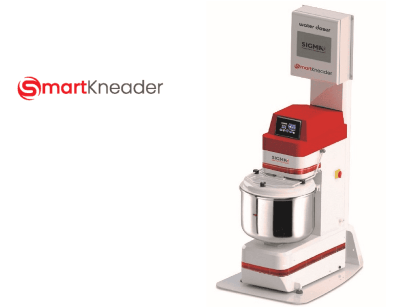 Eine kommerzielle Teigknetmaschine mit einer Rührschüssel aus Edelstahl, rot-weißem Gehäuse, Digitalanzeige und angeschlossenem Wasserdosierer. Das SmartKneader-Logo ist links im Bild zu sehen.