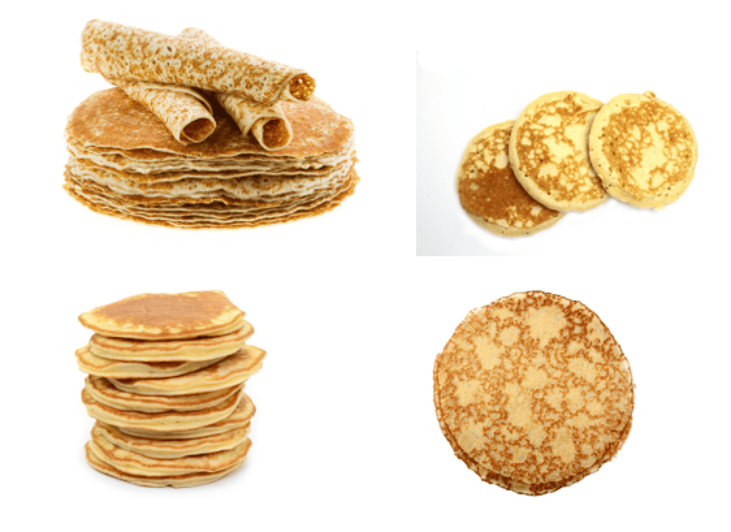 Eine Collage aus Pfannkuchen: gerollte und gestapelte dünne Pfannkuchen, drei kleine runde Pfannkuchen, ein hoher Stapel dicker Pfannkuchen und ein einzelner runder dünner Pfannkuchen, alle auf einem weißen Hintergrund.