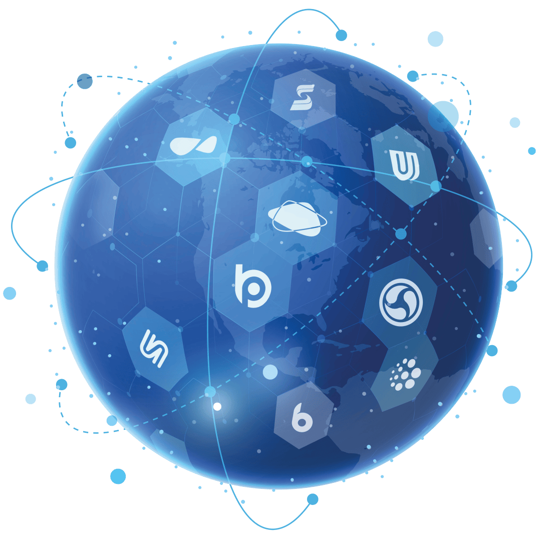 Ein digitaler, halbtransparenter Globus mit sechseckigen Symbolen, die verschiedene Blockchain- und Kryptowährungsplattformen darstellen, umgeben von umlaufenden blauen Punkten und Linien, die die globale Blockchain-Konnektivität symbolisieren.