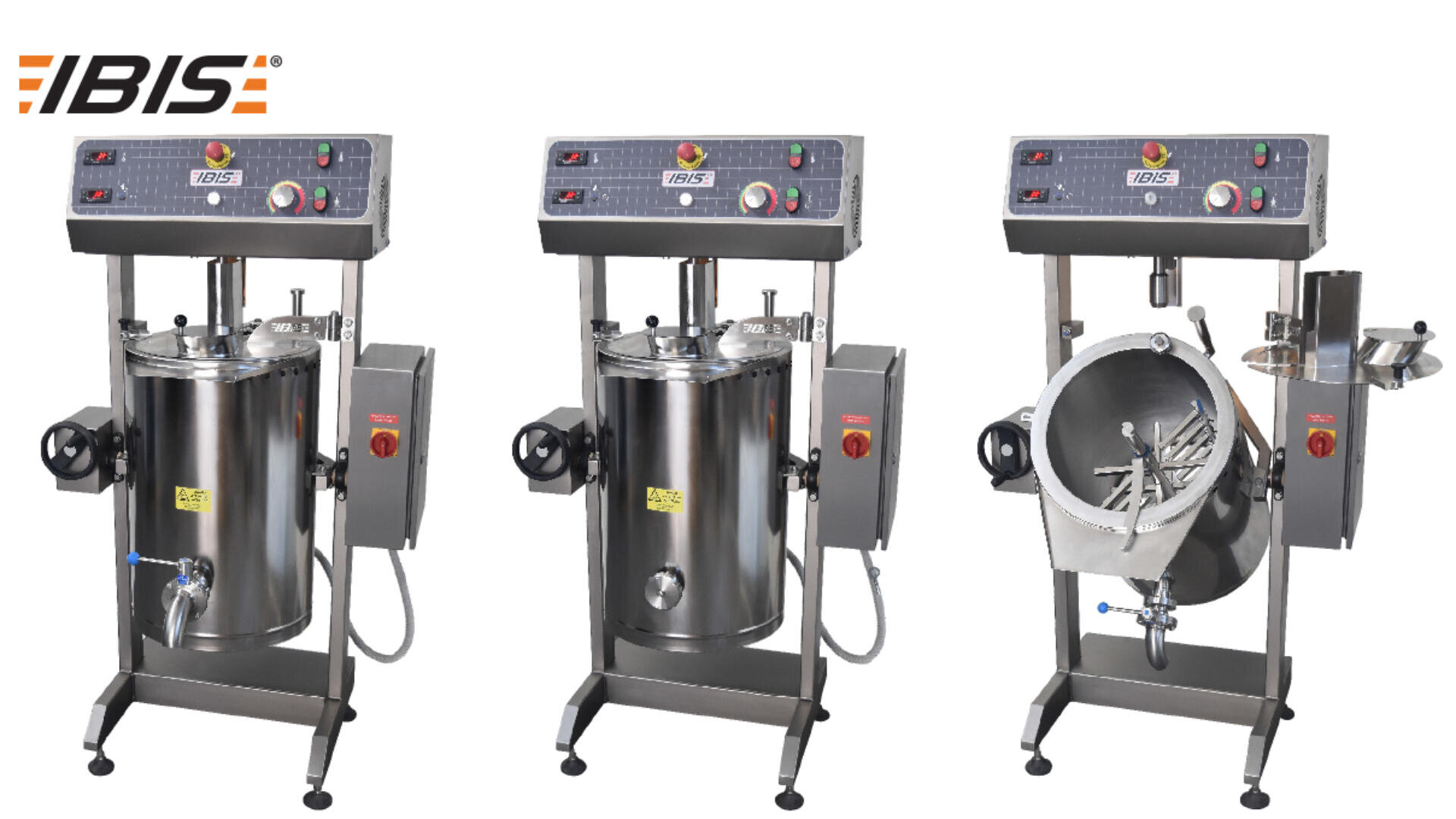 Three stainless steel industrial mixing machines are shown in different positions. Each has control panels on top, a large mixing drum, and the IBIS logo displayed in the top left corner.