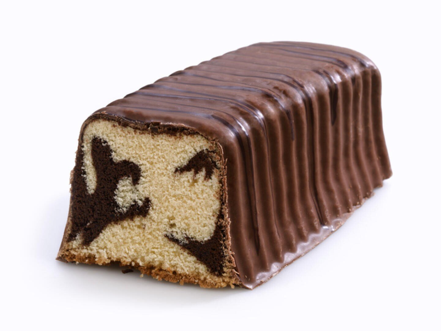 A loaf-shaped marble cake with a chocolate coating and ridged sides, showing a cross-section with swirls of light vanilla and dark chocolate cake inside.