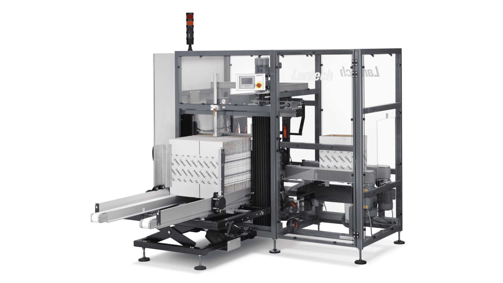 A modern automated packaging machine with a metal frame, control panel, conveyor belts, and safety enclosure, designed for handling and packing flat materials or products.