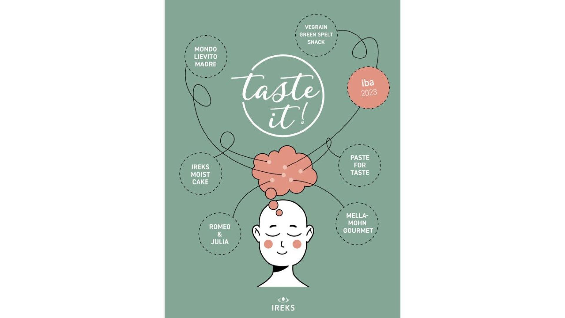 A graphic poster with a stylized head and brain, surrounded by text bubbles listing food items: VEGAN GREEN SPELT SNACK, PASTE FOR TASTE, MELLA-MIOH GOURMET, ROMEO & JULIA, IREKS MOIST CAKE, and MONDO LIEVITO MADRE.