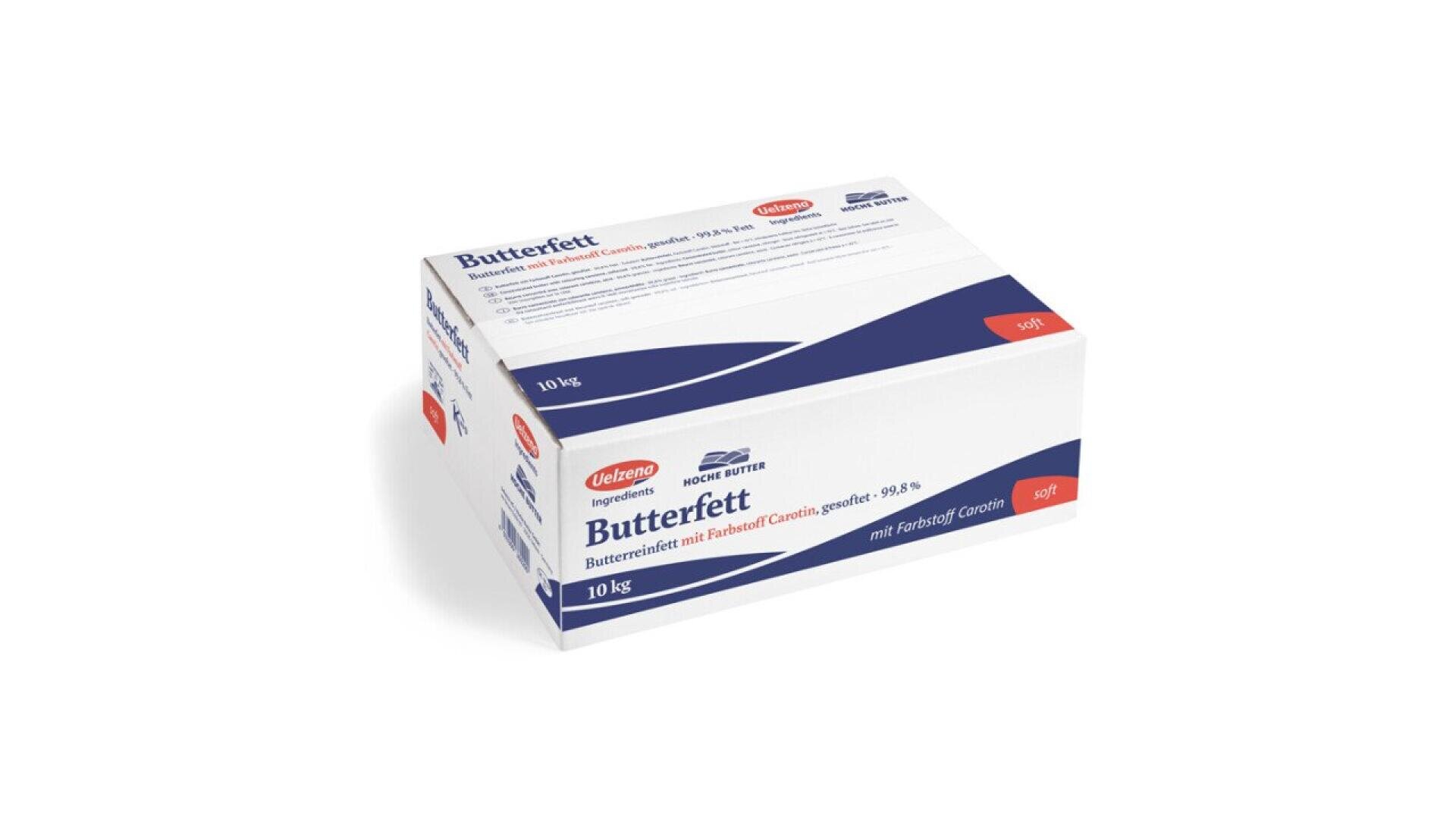 A rectangular 10 kg box of Uelzena brand Butterfett (butterfat) with blue, red, and white packaging, featuring German text and product information. The box is shown against a white background.