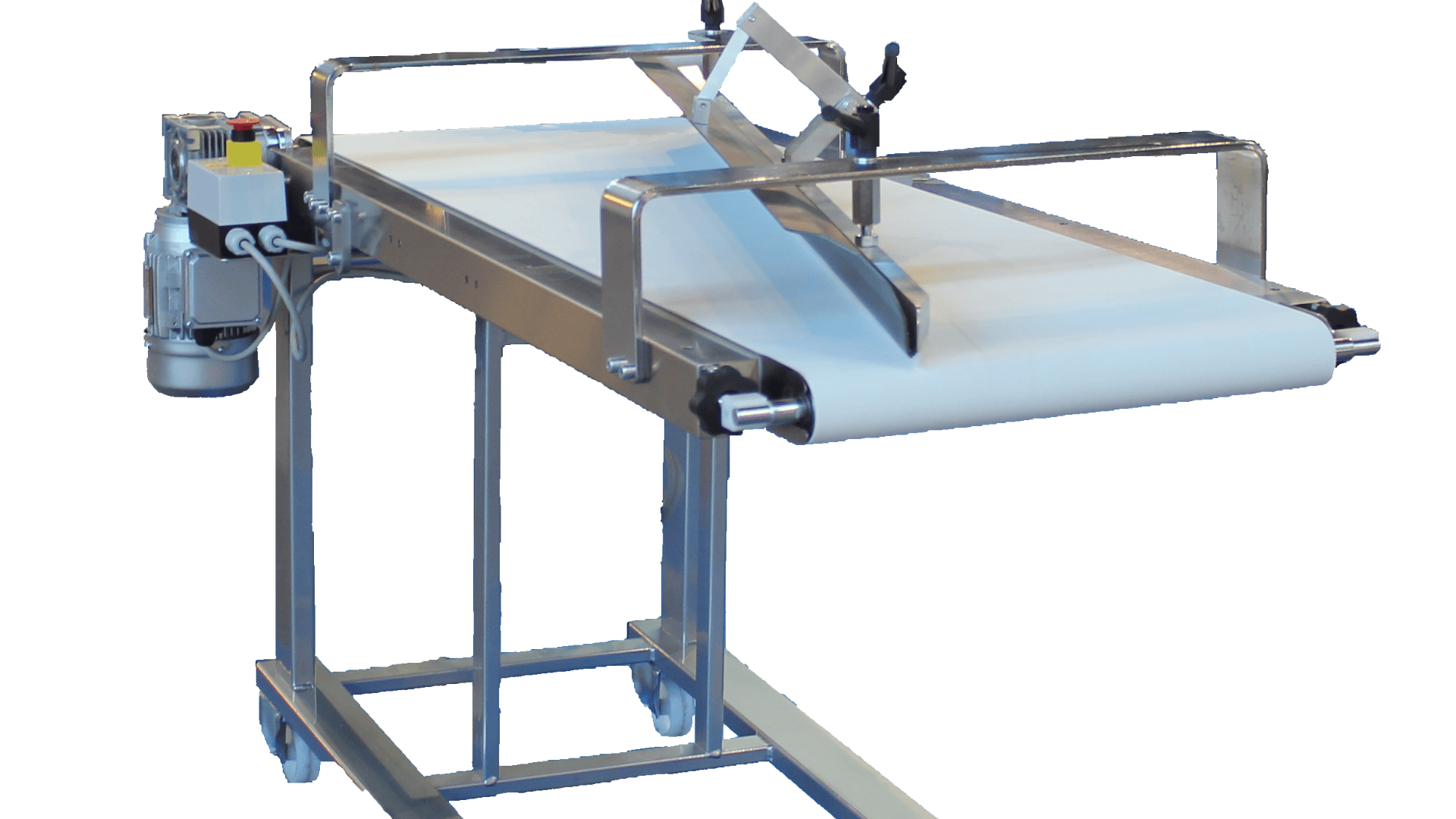 A stainless steel conveyor belt machine with adjustable rollers and a mounted motor, designed for processing or transporting materials in an industrial setting.