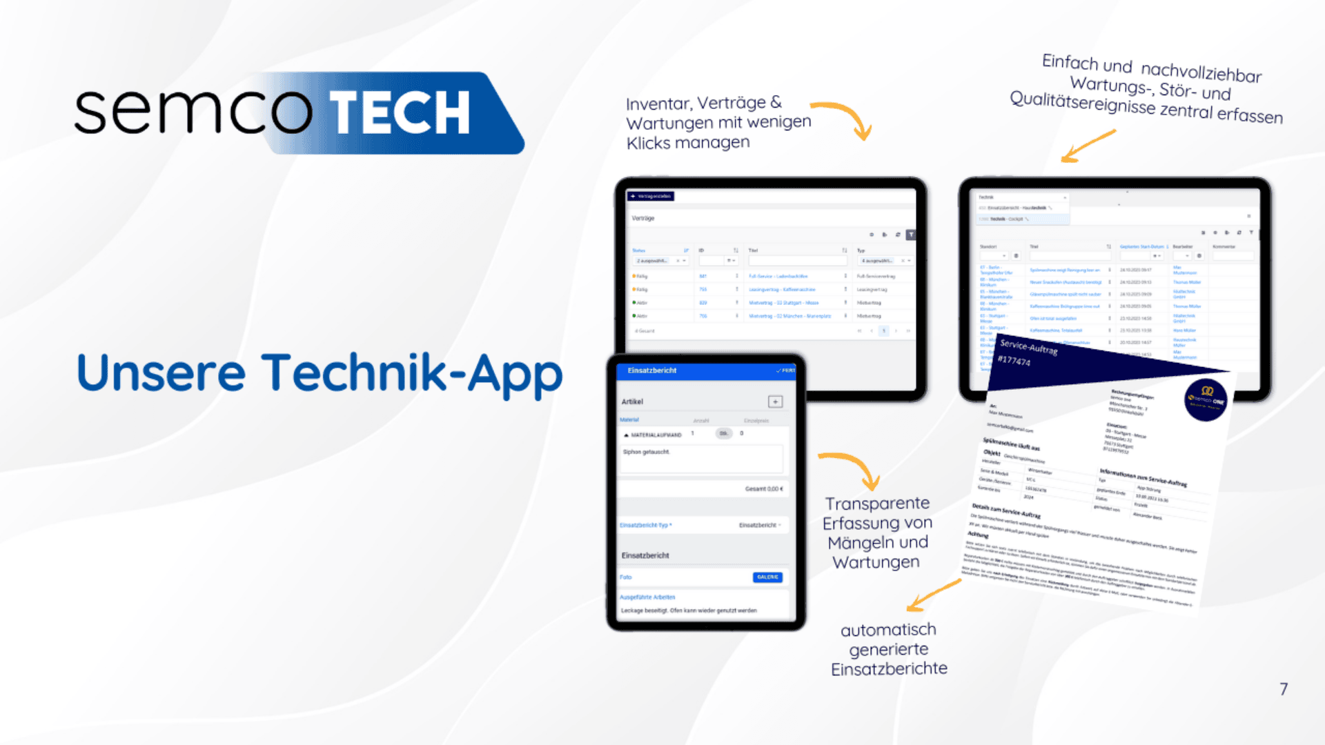 Screenshot der Funktionen der semcoTECH Technik-App: Verwaltung von Inventar, Verträgen und Wartungen, übersichtliche Verfolgung von Problemen und Wartungen, zentrale Dokumentation und automatisch erstellte Serviceberichte.