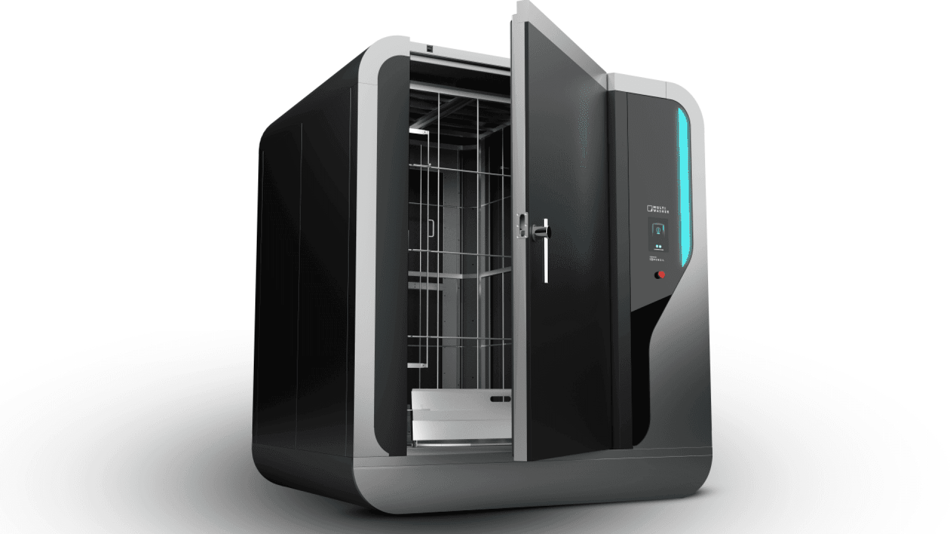 Eine moderne, elegante, schwarze Desinfektionskammer mit einer offenen Tür, die einen metallischen, drahtförmigen Innenraum und ein beleuchtetes Bedienfeld an der Vorderseite offenbart.