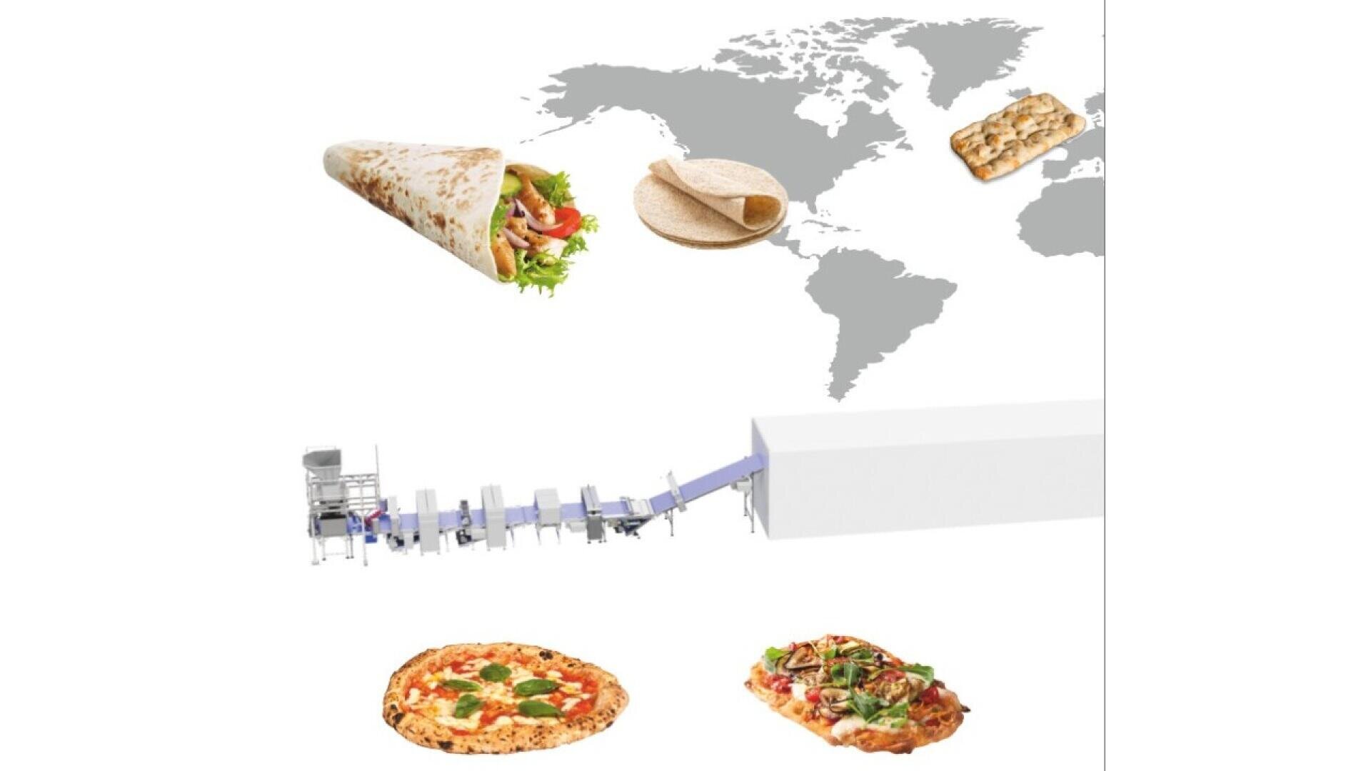 Eine Weltkarte im Hintergrund zeigt Wraps, Fladenbrote und Focaccia über einer Brotbackstraße. Darunter sind zwei Pizzasorten abgebildet, die die weltweiten Brot- und Fladenbrotsorten repräsentieren.
