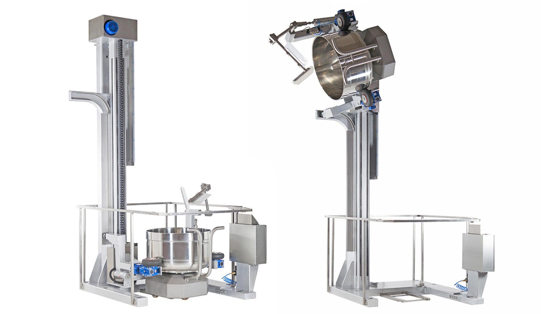 Two stainless steel industrial mixing machines are shown; one with a mixing bowl at the base and the other with its bowl raised and tilted for emptying. Both machines feature vertical lifts and safety railings.
