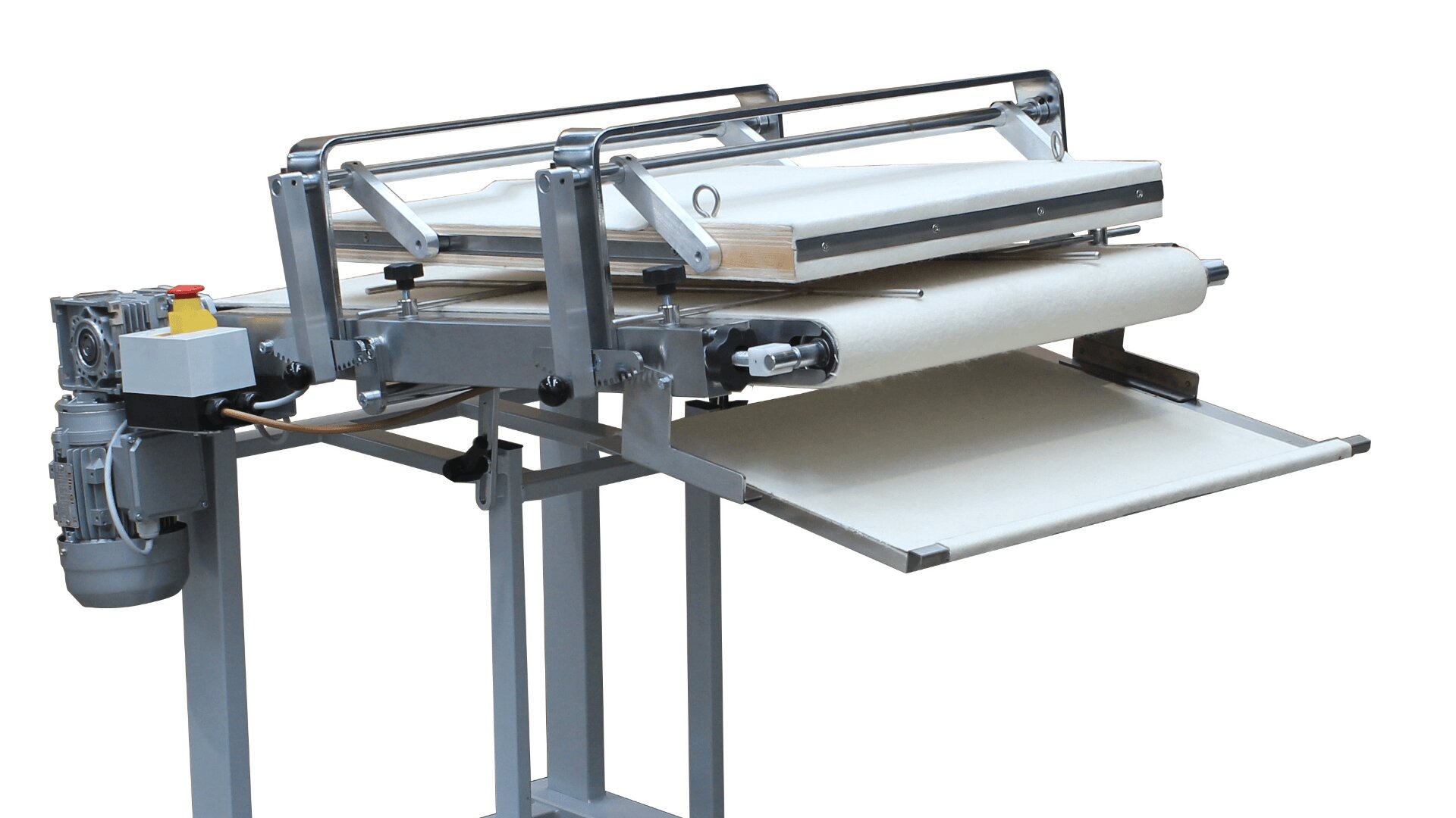 Industrial fabric spreading machine with metal frame, rollers, and fabric roll being spread out, used for laying out textiles in preparation for cutting; isolated on a white background.