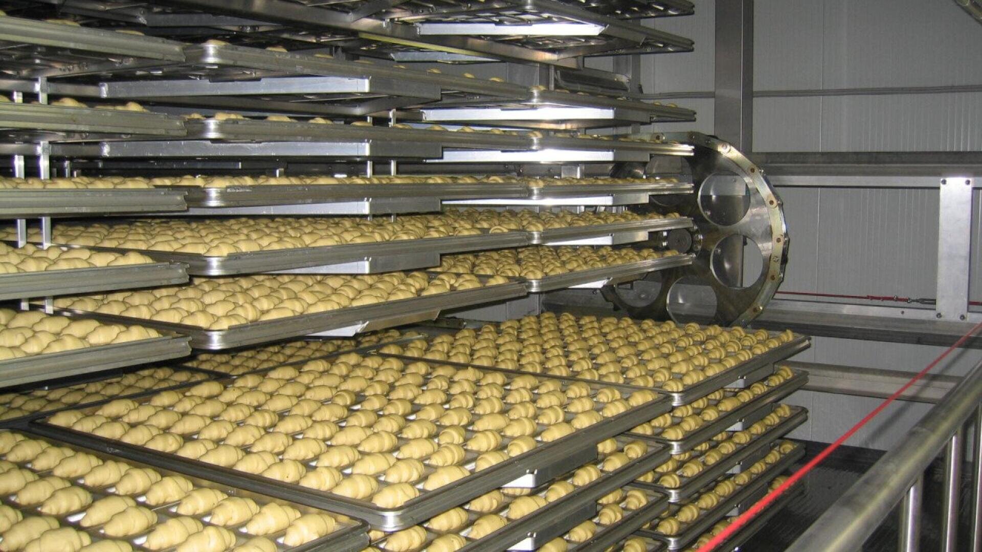 Mehrere auf Gestellen gestapelte Metallschalen, jede gefüllt mit Reihen von gleichmäßig verteilten Teigkugeln, wahrscheinlich in einer Großküche oder Bäckerei.