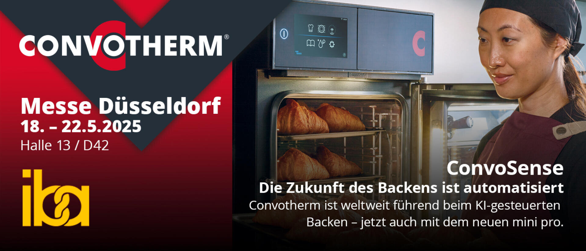 Eine Frau bedient einen Convotherm-Ofen mit Gebäck darin. Ein Text wirbt für Convotherm auf der Messe Düsseldorf vom 18. bis 22. Mai 2025 und hebt die KI-gesteuerte Backautomatisierung mit ConvoSense-Technologie hervor.