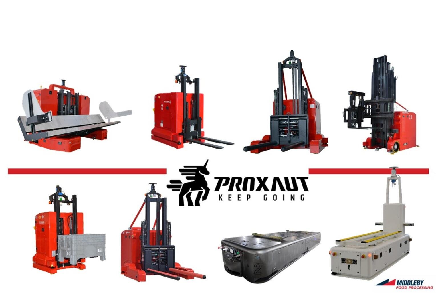 A variety of red automated guided vehicles (AGVs) and forklifts are arranged around the PROXAUT logo, with the Modigey Food Processing logo in the bottom right corner.