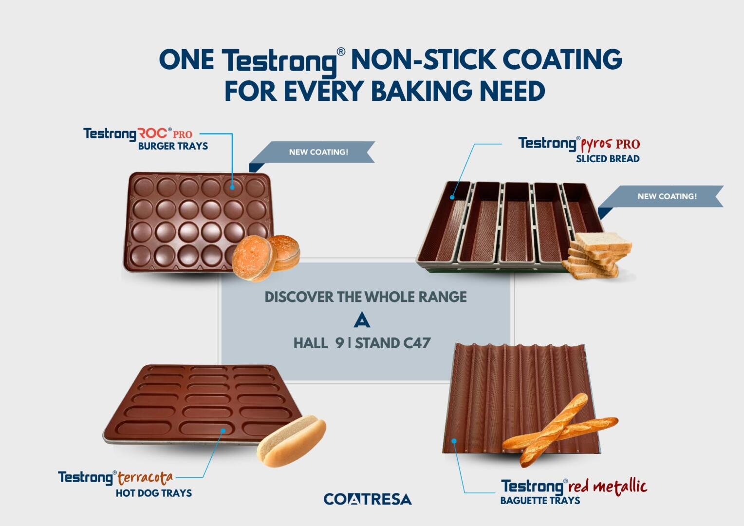 Werbebild für Testrong Antihaft-Backbleche. Es zeigt vier Blechtypen: Burger, geschnittenes Brot, Hotdog und Baguette, jeweils mit Brotproben. Der Text hebt die Antihaftbeschichtung und den Standplatz bei einer Veranstaltung hervor.