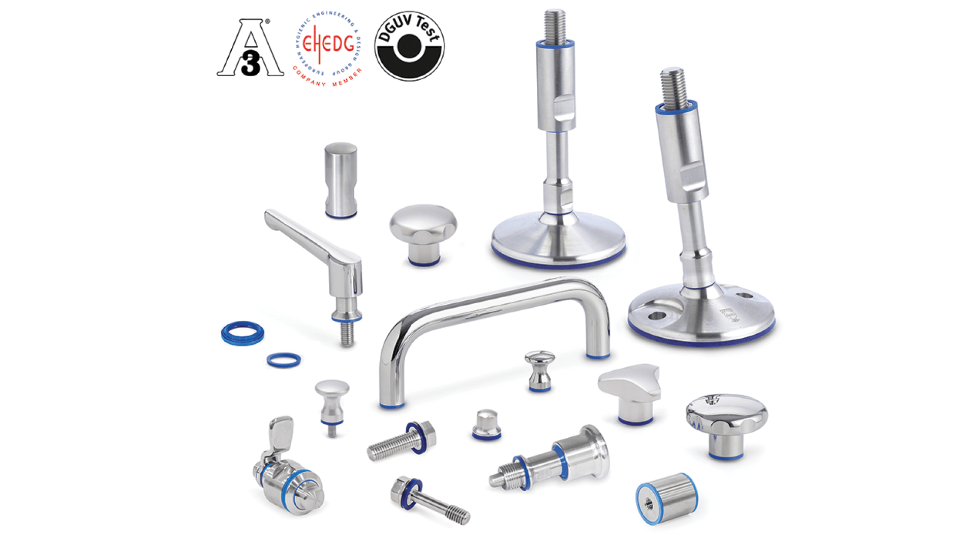Verschiedene Maschinenteile und Befestigungselemente aus Edelstahl mit blauen Akzenten sind auf einem weißen Hintergrund angeordnet. Die Zertifizierungslogos erscheinen in der oberen linken Ecke.