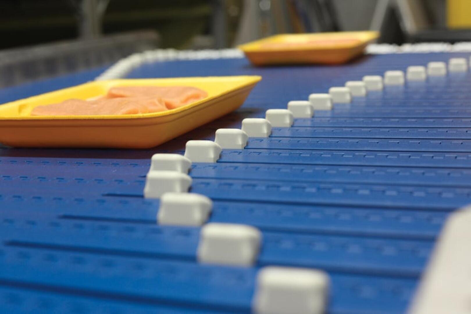 Ein gelbes Tablett mit Fleischscheiben bewegt sich über ein blaues Förderband mit weißen Trennstiften, wahrscheinlich in einer Lebensmittelverarbeitungs- oder Verpackungsanlage.