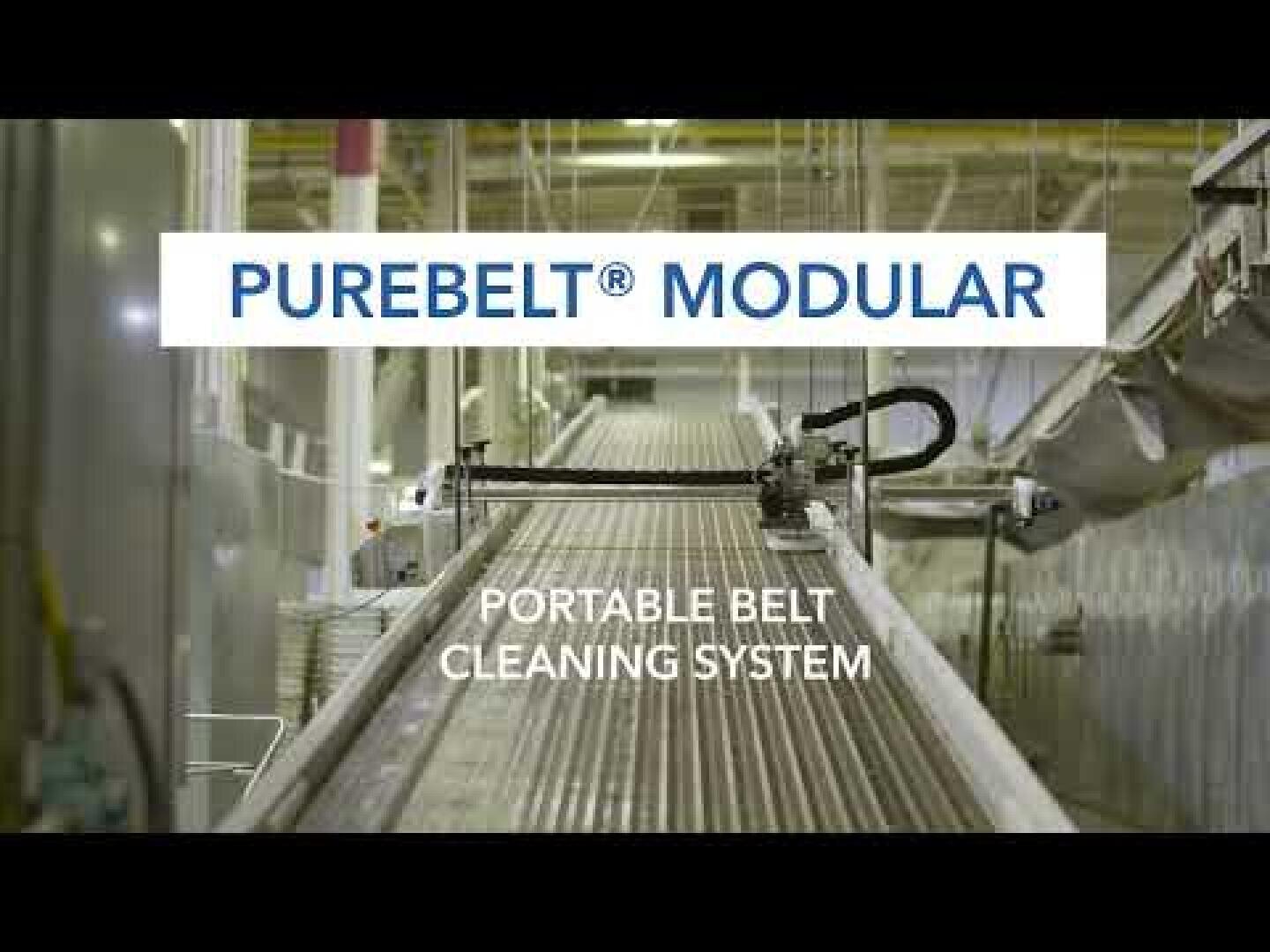 Automatisierte Maschinen reinigen ein großes industrielles Förderband. Über der Anlage in einer Fabrikanlage steht der Text: PUREBELT® MODULARES UND TRAGBARES BANDREINIGUNGSSYSTEM.