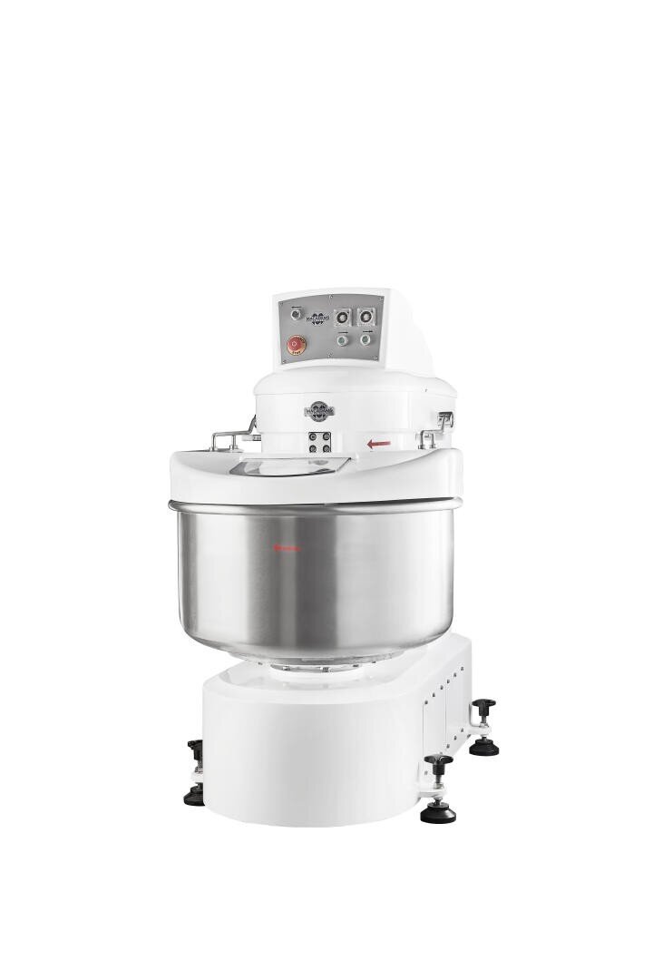 A large industrial dough mixer with a stainless steel mixing bowl, a white base and a control panel with knobs and dials, used for commercial baking or food preparation.