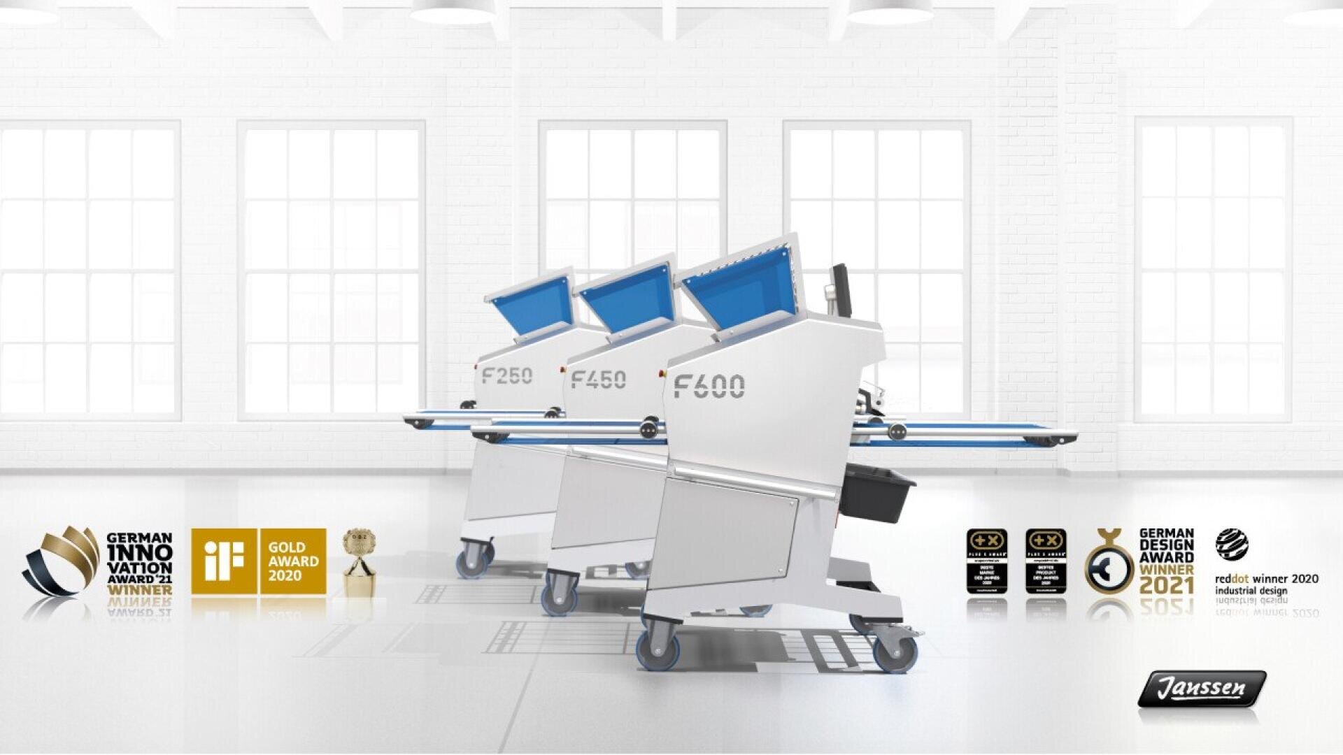 Three advanced medical beds with digital screens are lined up in a bright, modern room. Award logos for innovation and design are displayed in the foreground. The background features large windows and white walls.
