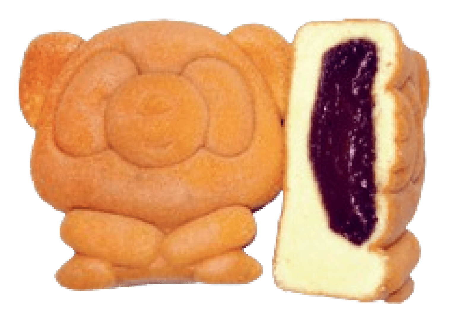 Ein bärenförmiges Gebäck wird neben einer aufgeschnittenen Hälfte gezeigt, die eine dunkle Fruchtfüllung im Inneren offenbart. Das Gebäck hat ein niedliches Gesicht und runde Züge.