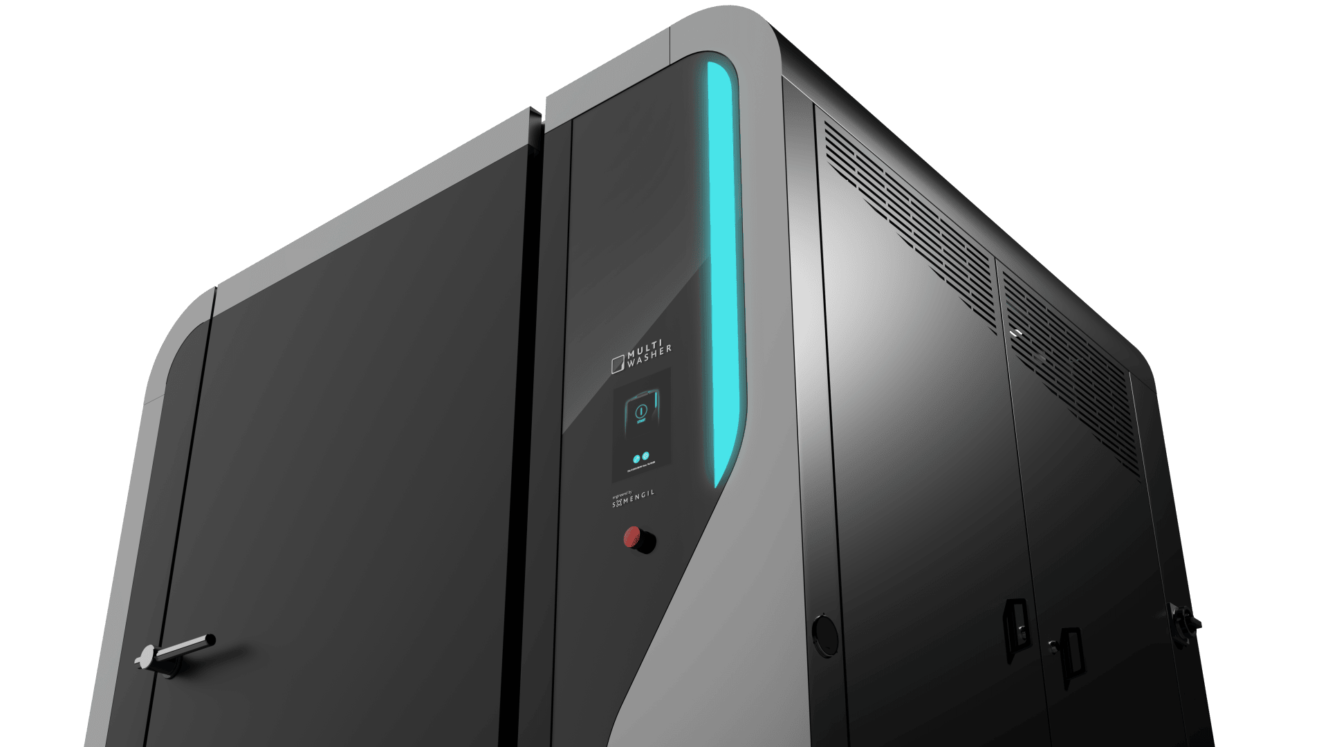 A sleek, modern black industrial machine with a digital display, a blue vertical light strip, a red button, and vented panels against a plain white background.