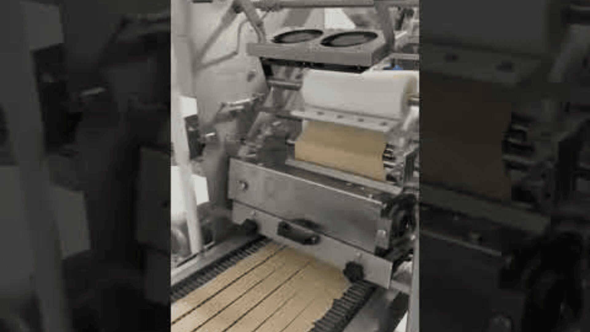 Eine Maschine in einer Fabrik schneidet Teigblätter in rechteckige Stücke und legt sie in gleichmäßigen Reihen auf ein laufendes Förderband.