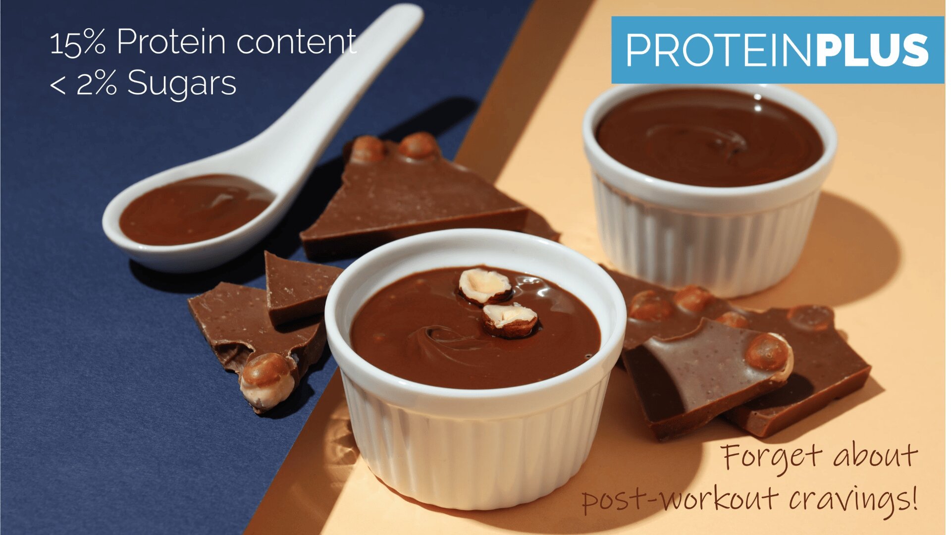Two white ramekins with chocolate mousse, a spoon with mousse, and pieces of hazelnut chocolate. Text reads: “15% Protein content; <2% Sugars,” “PROTEINPLUS,” and “Forget about post-workout cravings!”.