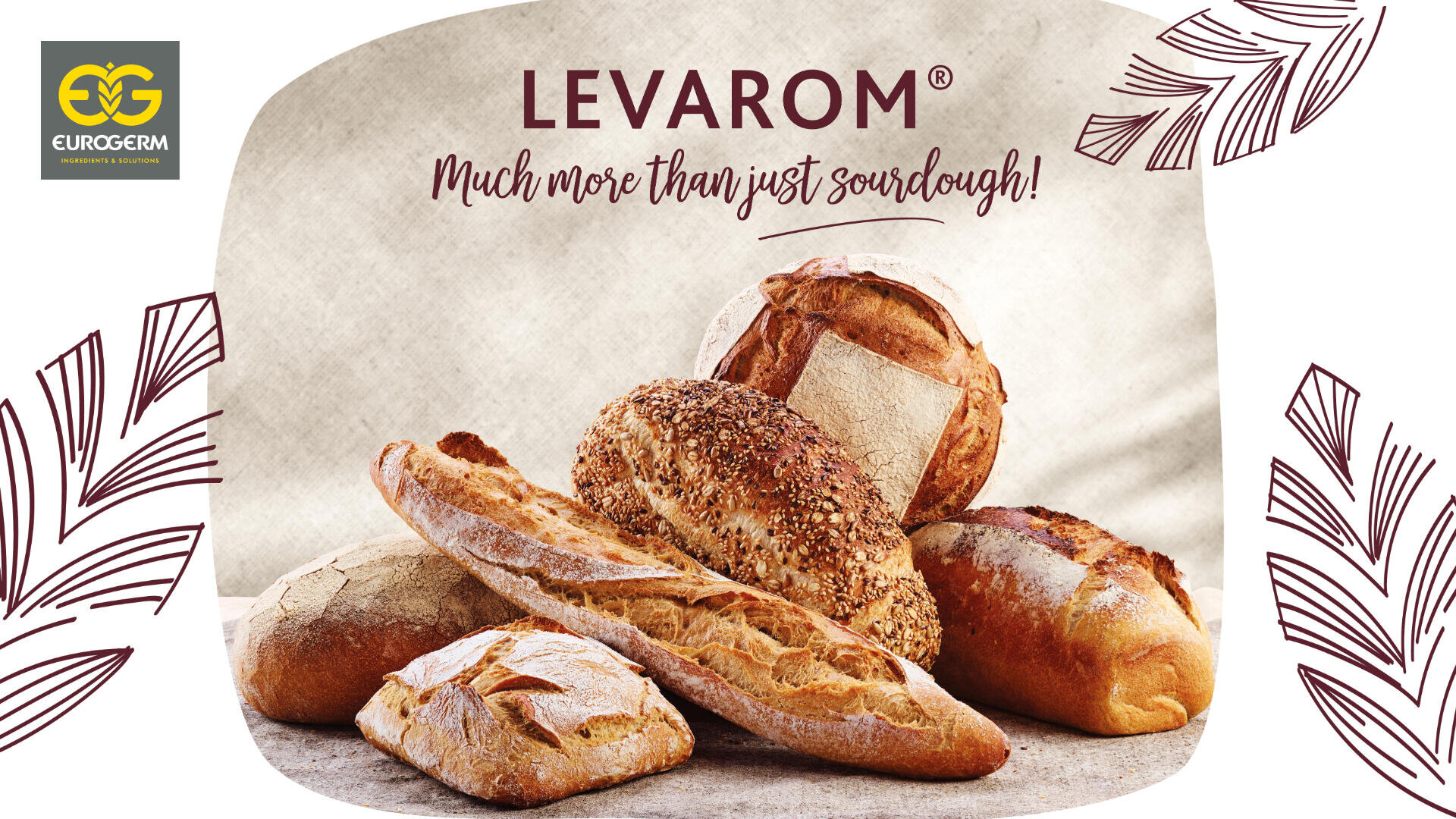 A variety of artisanal breads, including baguettes and round loaves, are displayed on a light surface. The text above reads LEVAROM Much more than just sourdough! with the Eurogerm logo in the corner and decorative leaves around the border.