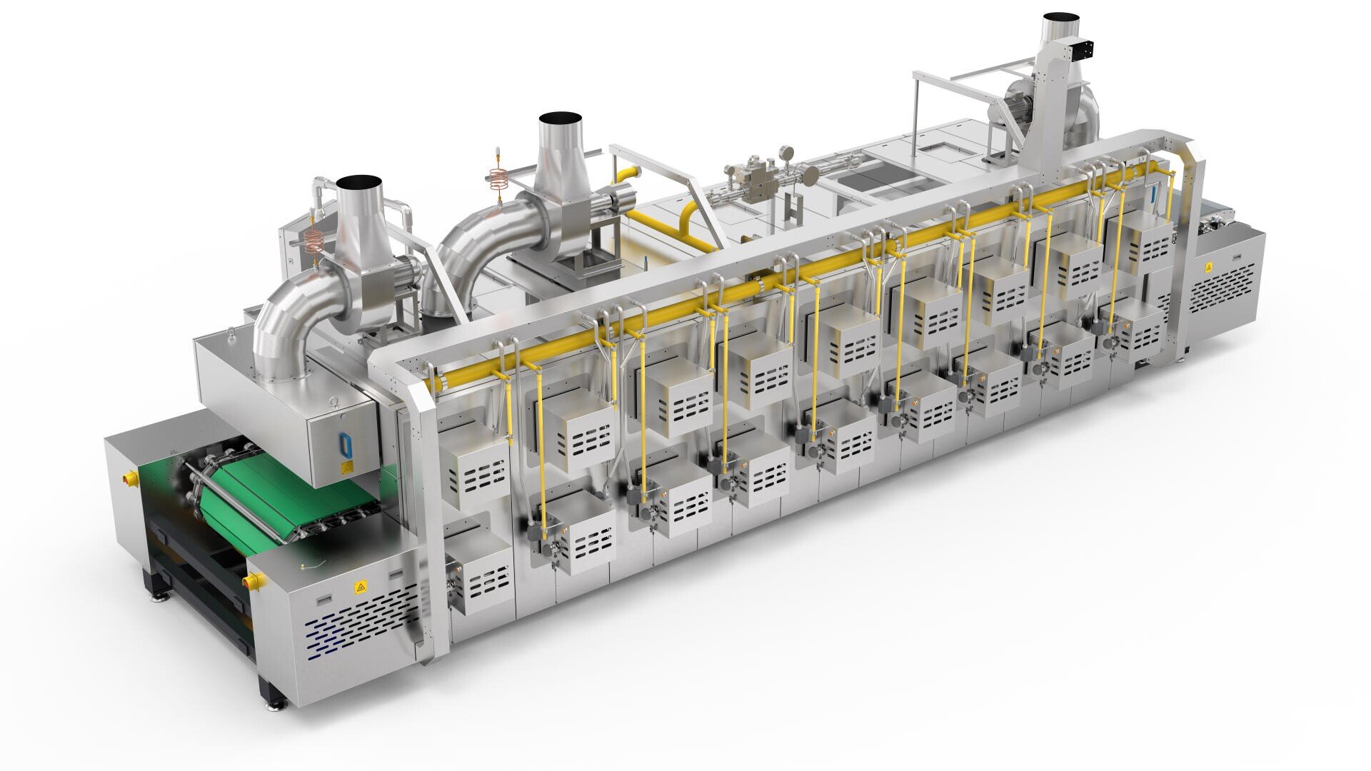 Large industrial food processing machine with multiple compartments, conveyor belt, metal pipes, and vents, designed for large-scale automated operations in food manufacturing.