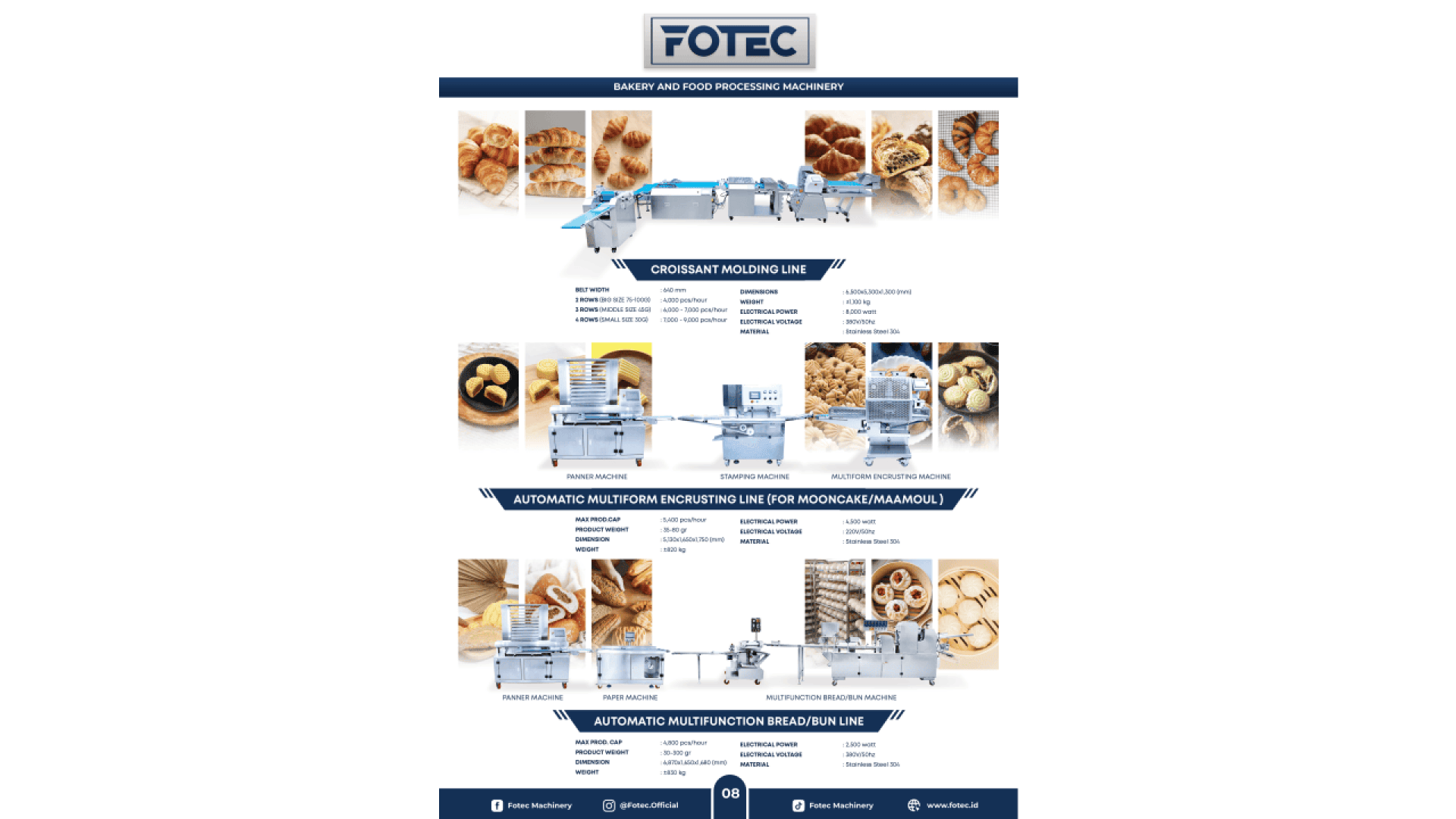 Poster showing three bakery machines from FOTEC: a croissant molding line, an automatic multiform encrusting line, and an automatic multiform bread/bun line, with sample baked goods and machine details.