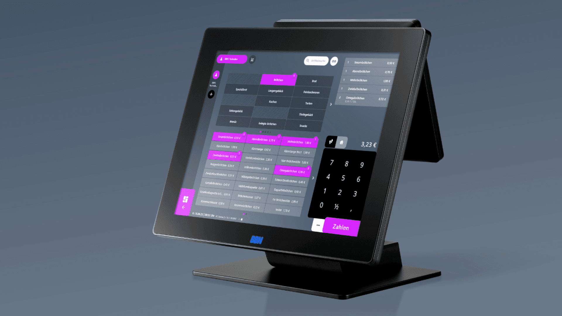 A touchscreen point-of-sale (POS) terminal displays a digital interface with menu options, a calculator, and payment button on a dark background. The screen shows various items and prices in German.