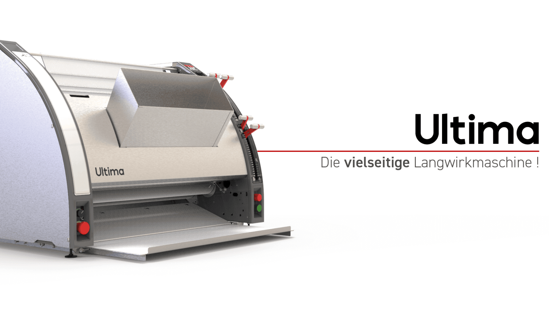 Eine industrielle Brotbackmaschine aus rostfreiem Stahl mit der Aufschrift Ultima, einer Rutsche und einem offenen Fach. Der Text daneben lautet: Ultima. Die vielseitige Langwirkmaschine! auf weißem Hintergrund.