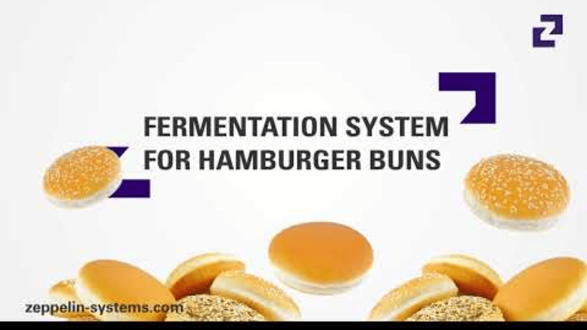 Hamburgerbrötchen mit Sesam und normale Brötchen umgeben den Text Fermentation System for Hamburger Buns auf einem weißen Hintergrund. In der Ecke erscheint die Website zeppelin-systems.com.