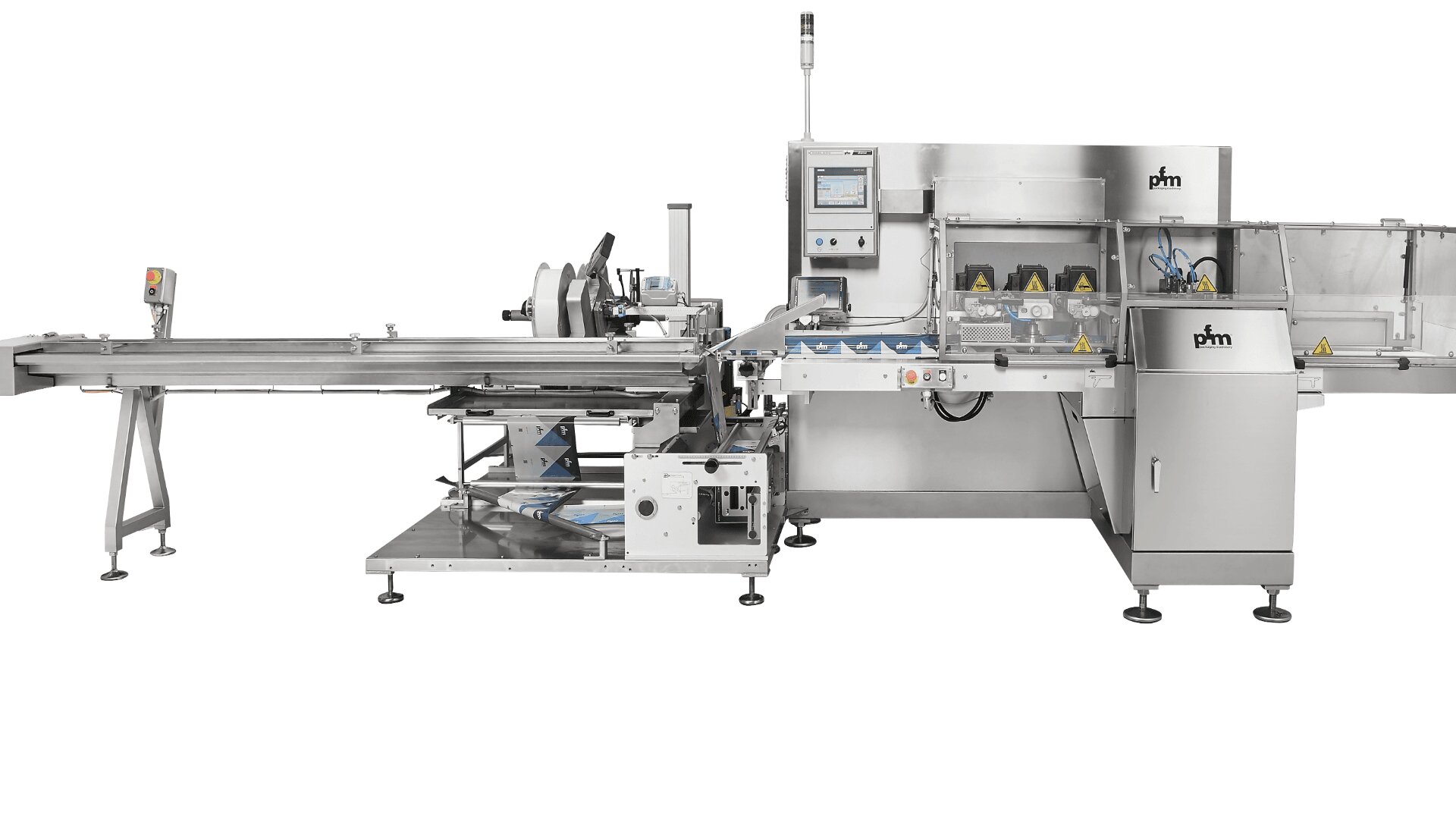 A large, industrial packaging machine with multiple conveyor belts, control panels, and compartments, designed for automated food or product packing. The machine is made of stainless steel and branded with the PFM logo.