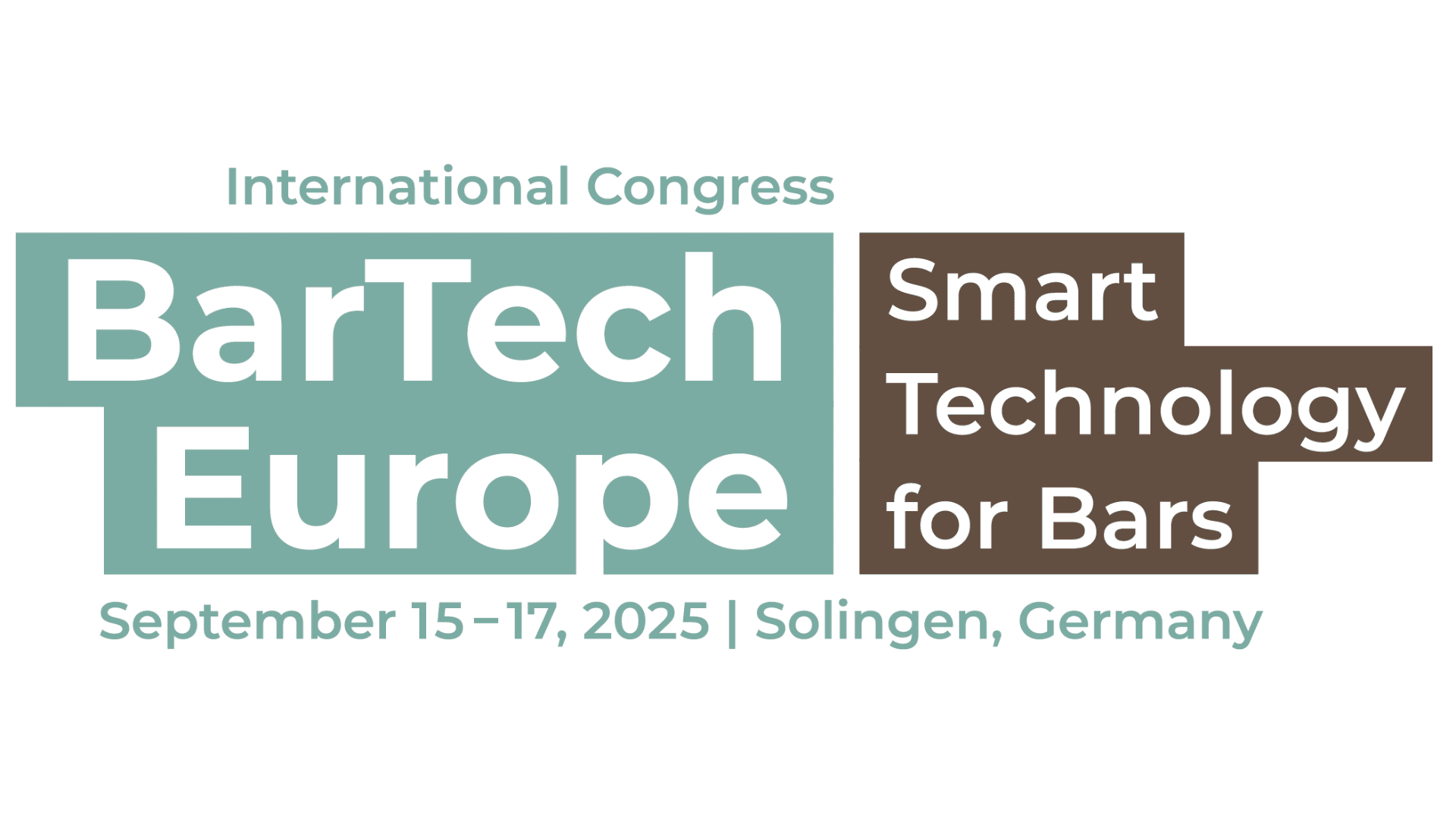 Logo für den internationalen Kongress BarTech Europe: Smart Technology for Bars, der vom 15. bis 17. September 2025 in Solingen, Deutschland, stattfindet. Der Text ist in Blaugrün und Braun auf weißem Hintergrund.