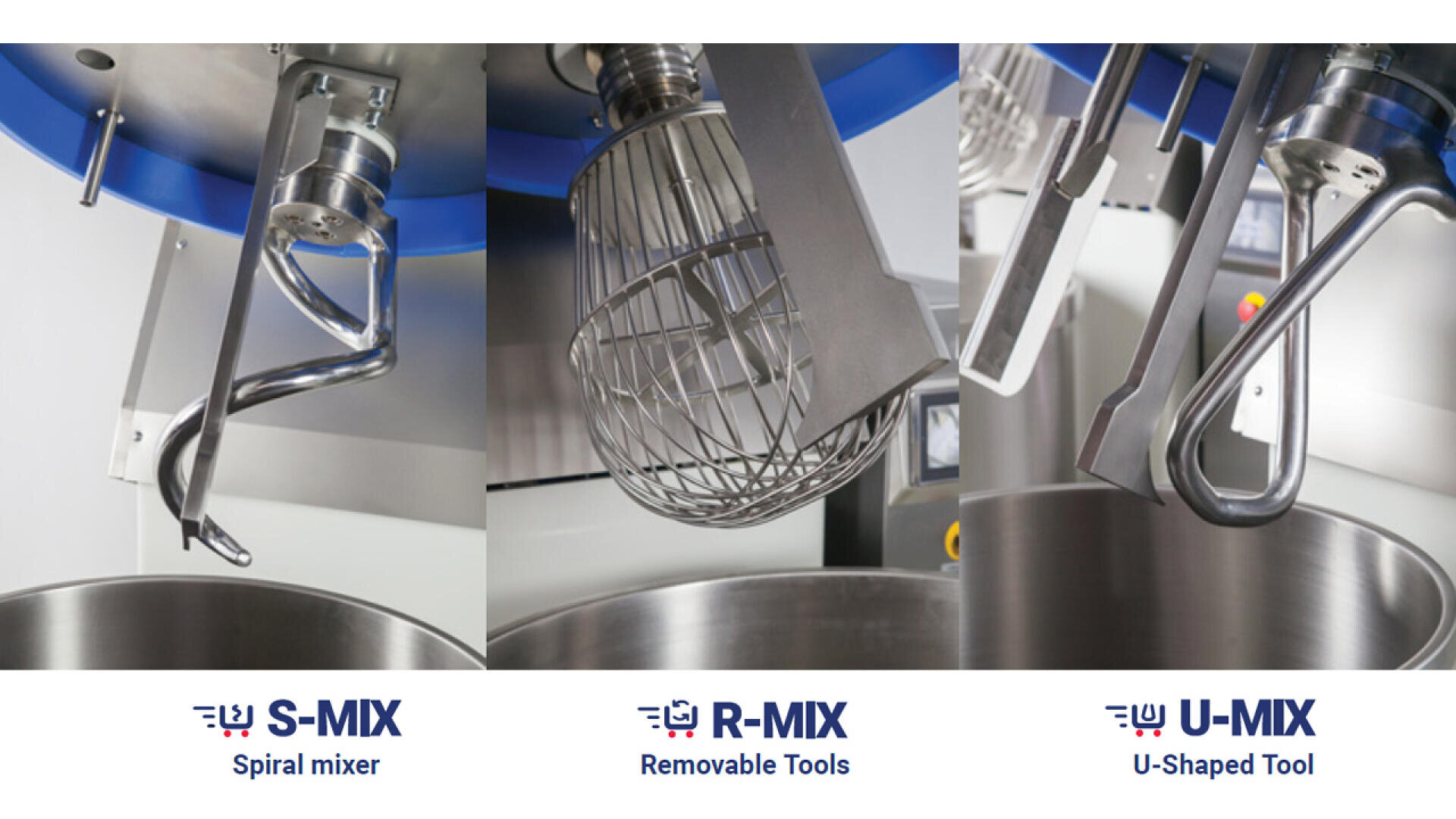 Three close-up images show different industrial mixer attachments: a spiral hook labeled S-MIX, a wire whisk labeled R-MIX, and a U-shaped tool labeled U-MIX, each over a large mixing bowl.