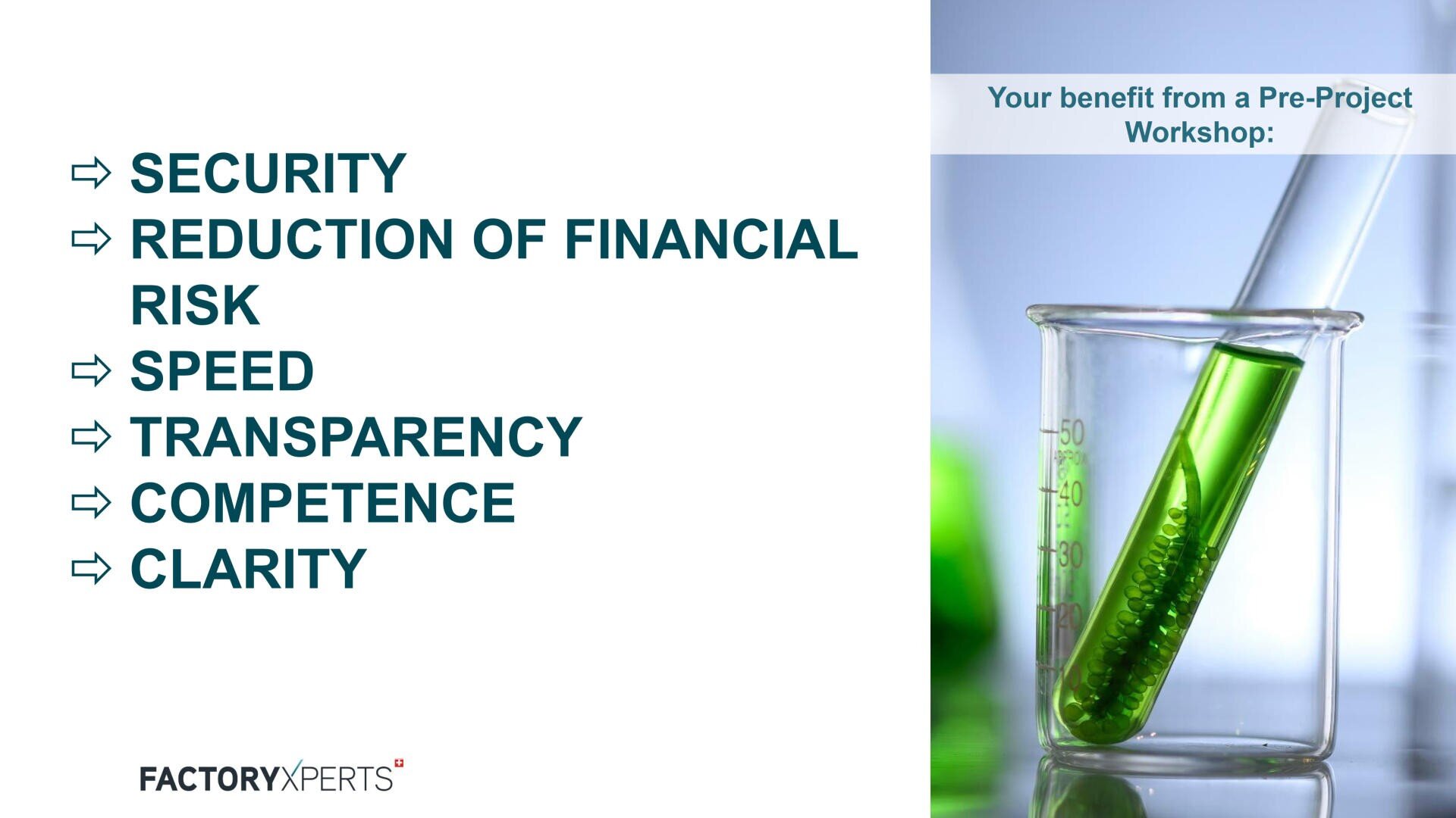 A presentation slide lists benefits of a pre-project workshop: security, reduction of financial risk, speed, transparency, competence, and clarity. On the right, a beaker with a green liquid and a test tube is shown.