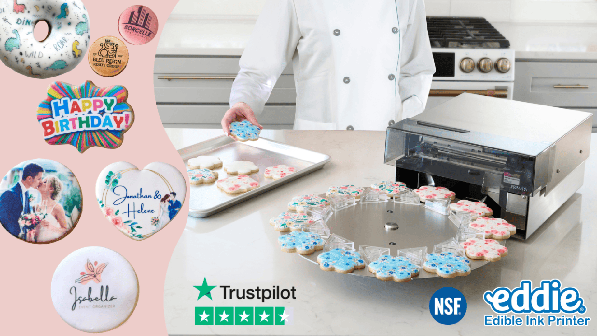 A baker uses the Eddie Edible Ink Printer to print colorful, custom designs onto cookies. On the left, examples of printed cookies feature photos, text, and decorations. Trustpilot, NSF, and Eddie logos are at the bottom.