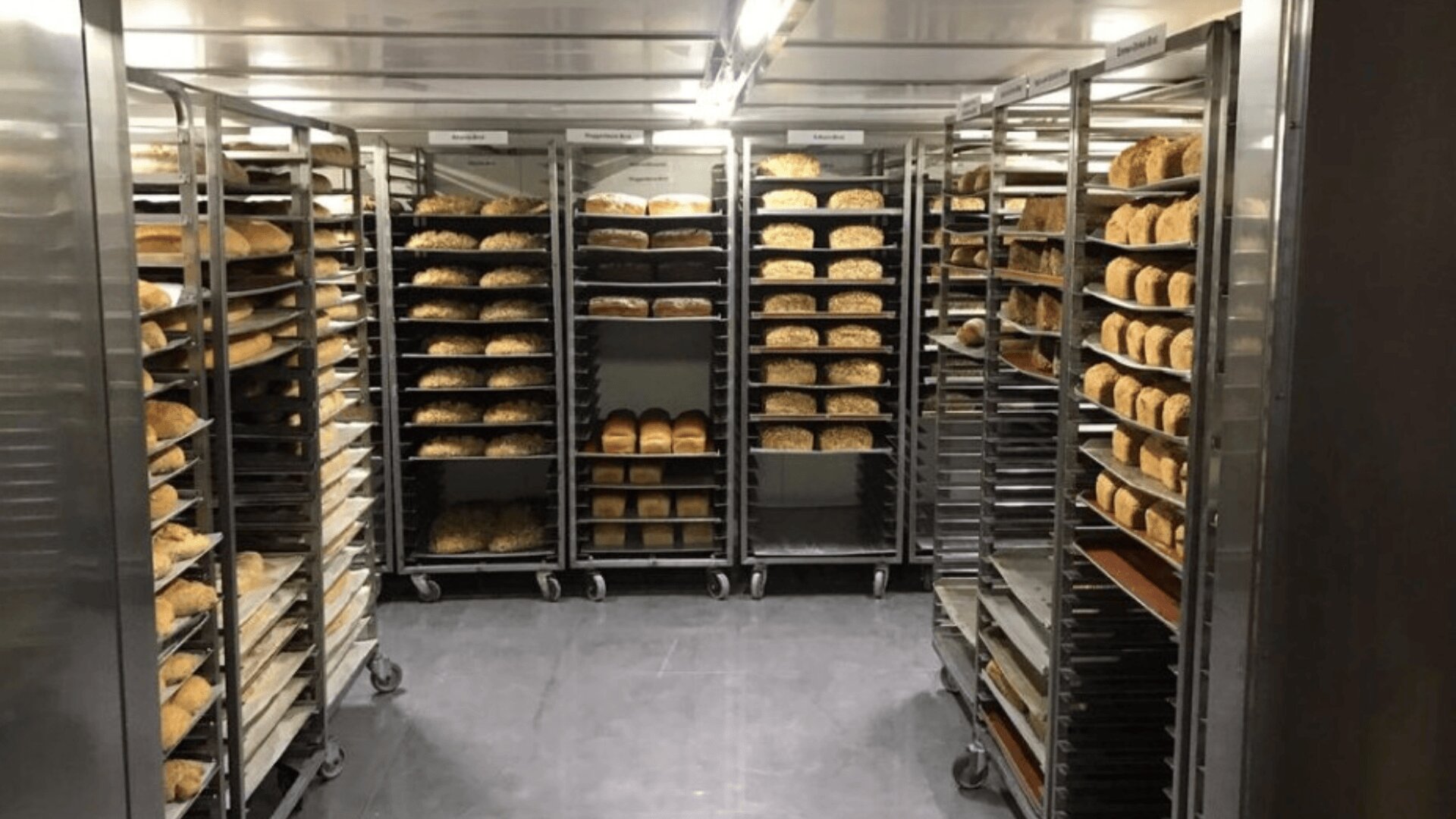 Shelves filled with various types of fresh loaves and rolls of bread are arranged in metal racks on wheels inside a commercial bakery or storage room with stainless steel walls and bright lighting.