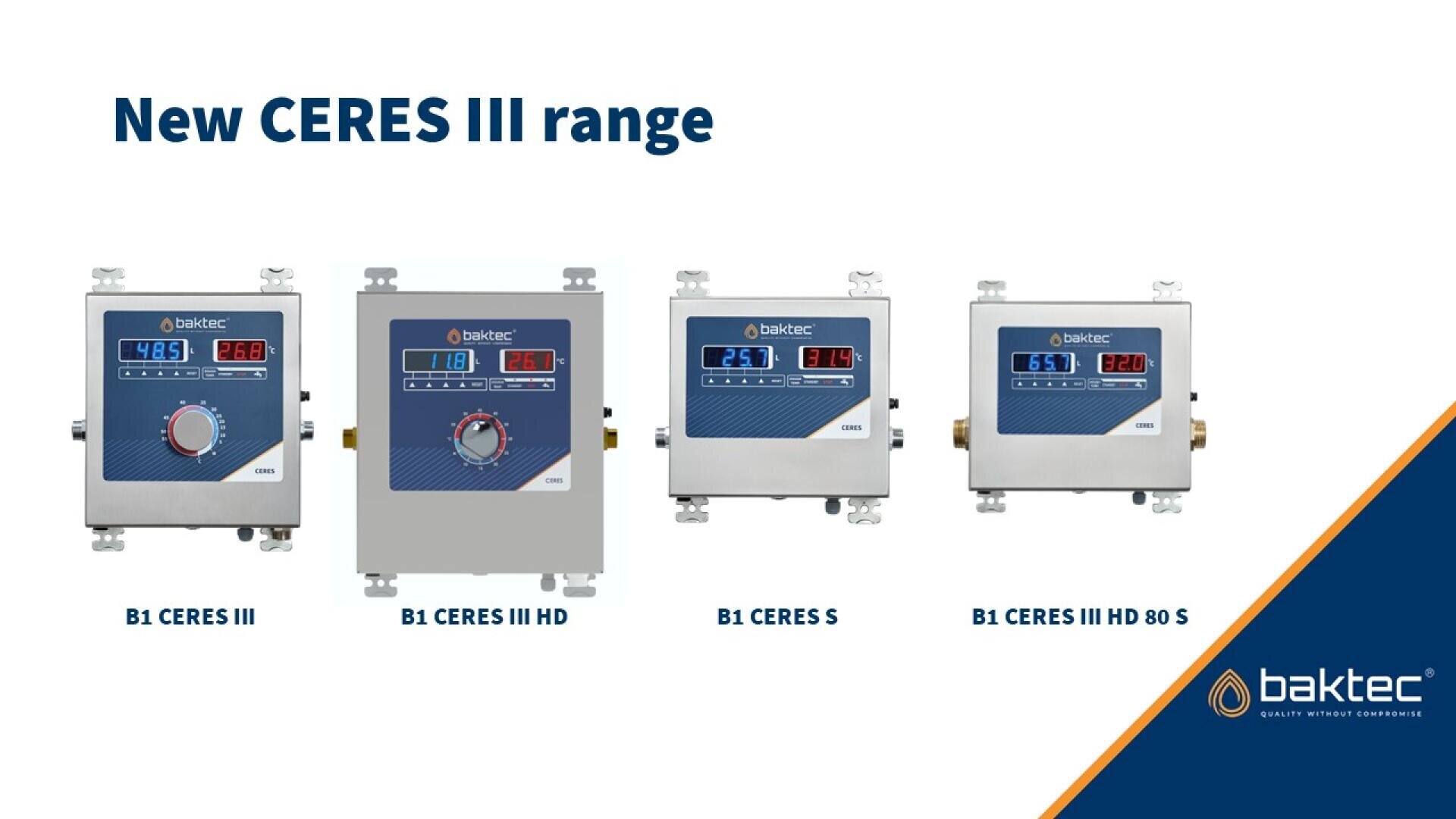 Four Baktec CERES III range control panels are displayed in a row, each labeled as B1 CERES III, B1 CERES III HD, B1 CERES S, and B1 CERES III HD 80 S, with the Baktec logo in the bottom right corner.